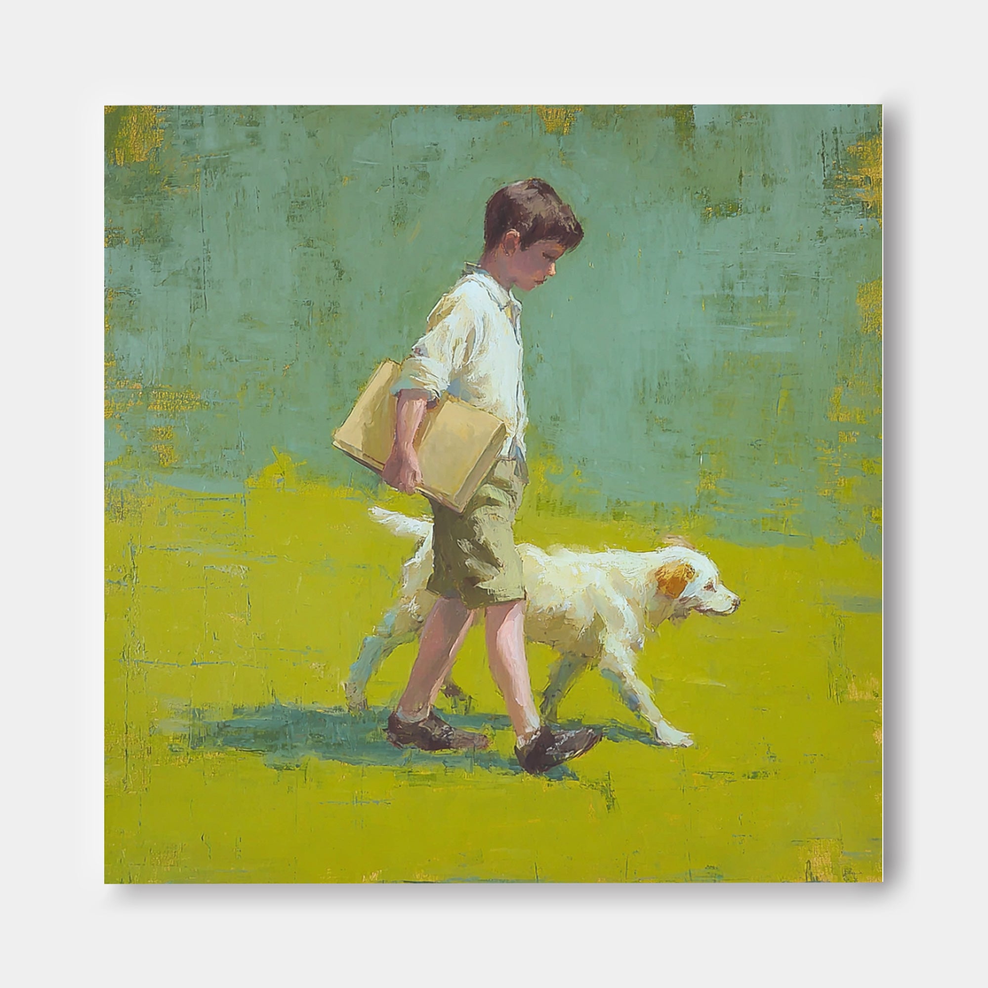 Minimalist Boy Walking The Dog Painting Landscape Green Grassland Abstract Peaceful atmosphere Wall Art