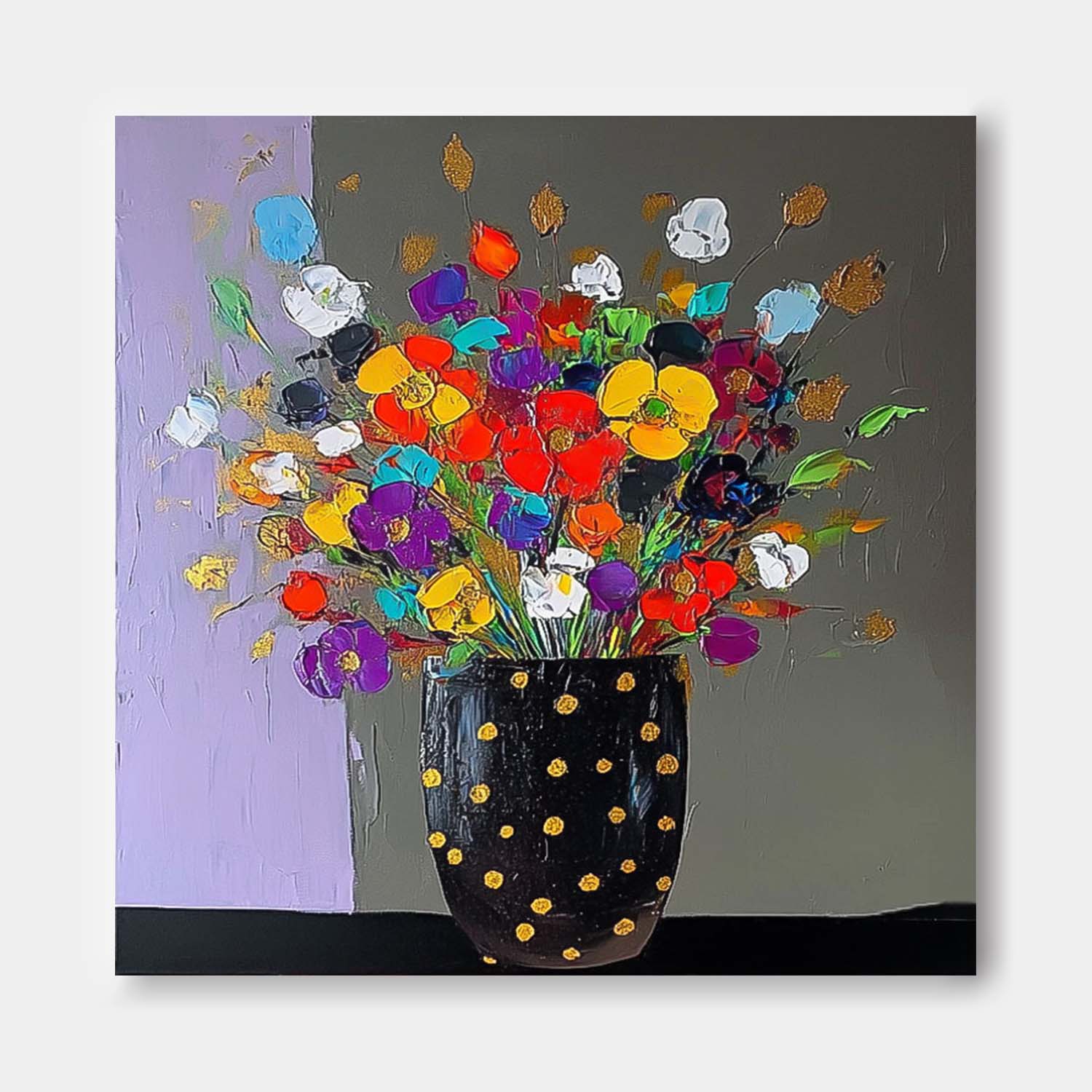 Large Color Handmade Wall Art Original Flower Square Vase Artwork Floral Texture Painting on Canvas