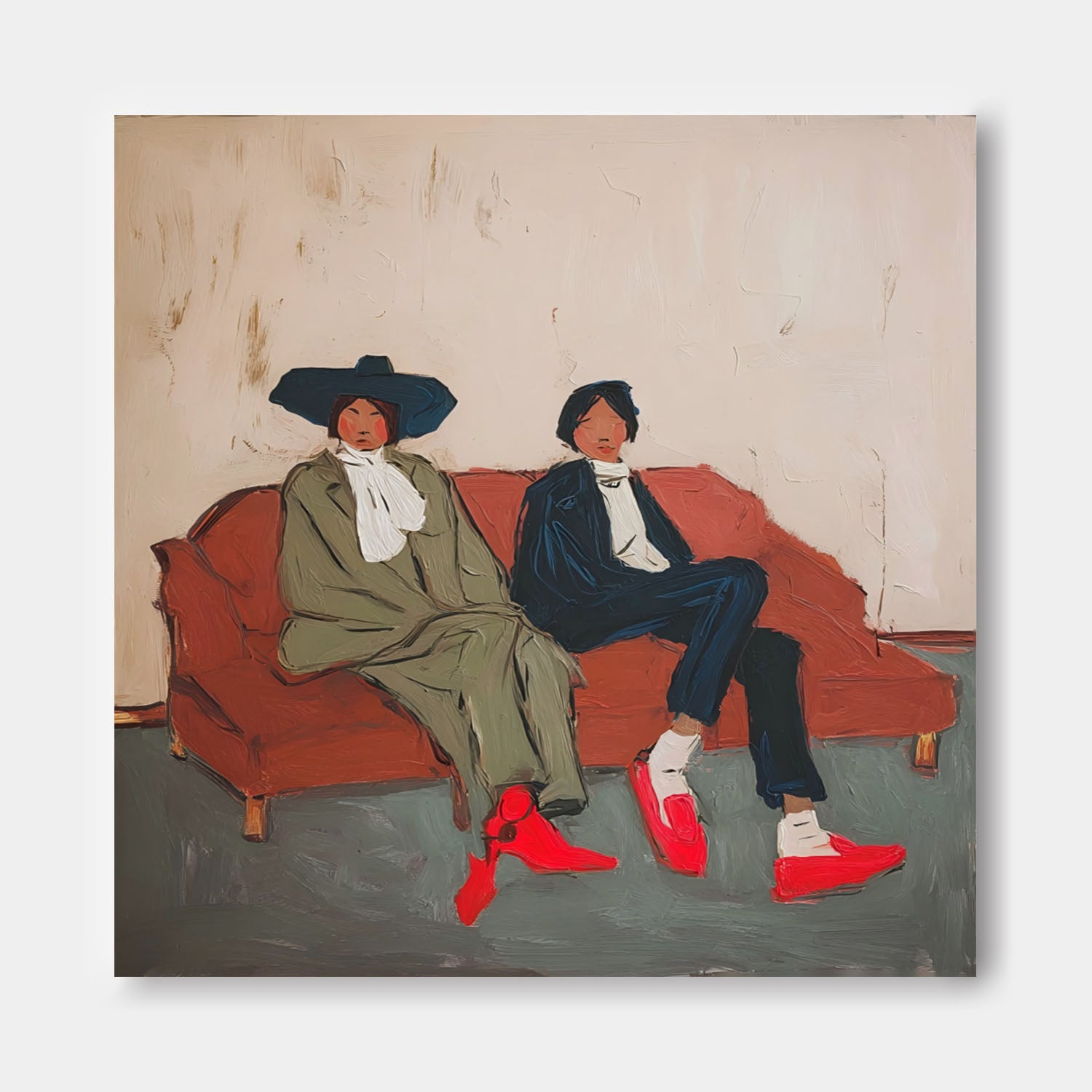 Unique Fashion Painting Bold Red Shoes & Retro Style On Red Sofa Art Vintage Wall Decor For Stylish Living Spaces
