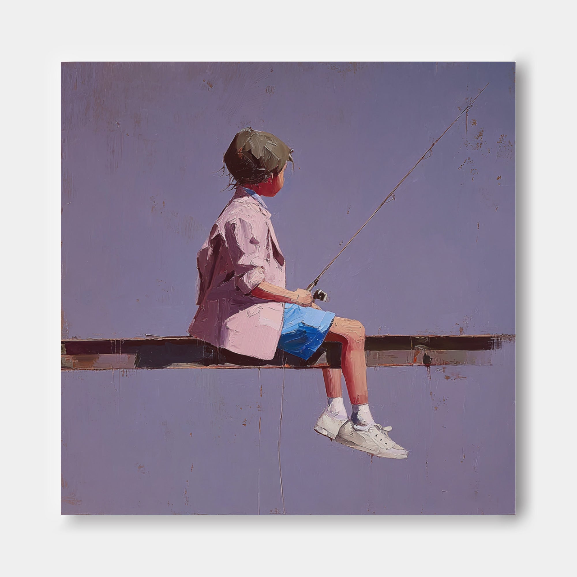 Abstract Warm atmosphere Art Original Purple Wall Art Minimalist Boy Fishing Painting For Living Room