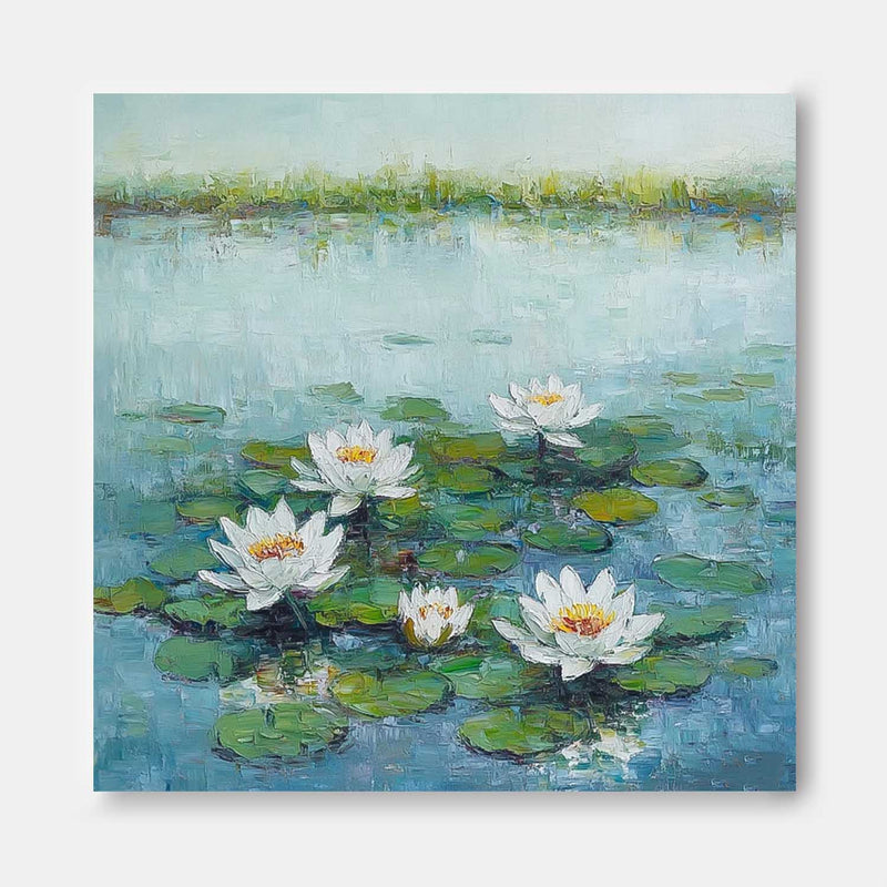 Large Textured Abstract Flower Paintings Square Contemporary White Lotus Floral Painting Original Artwork