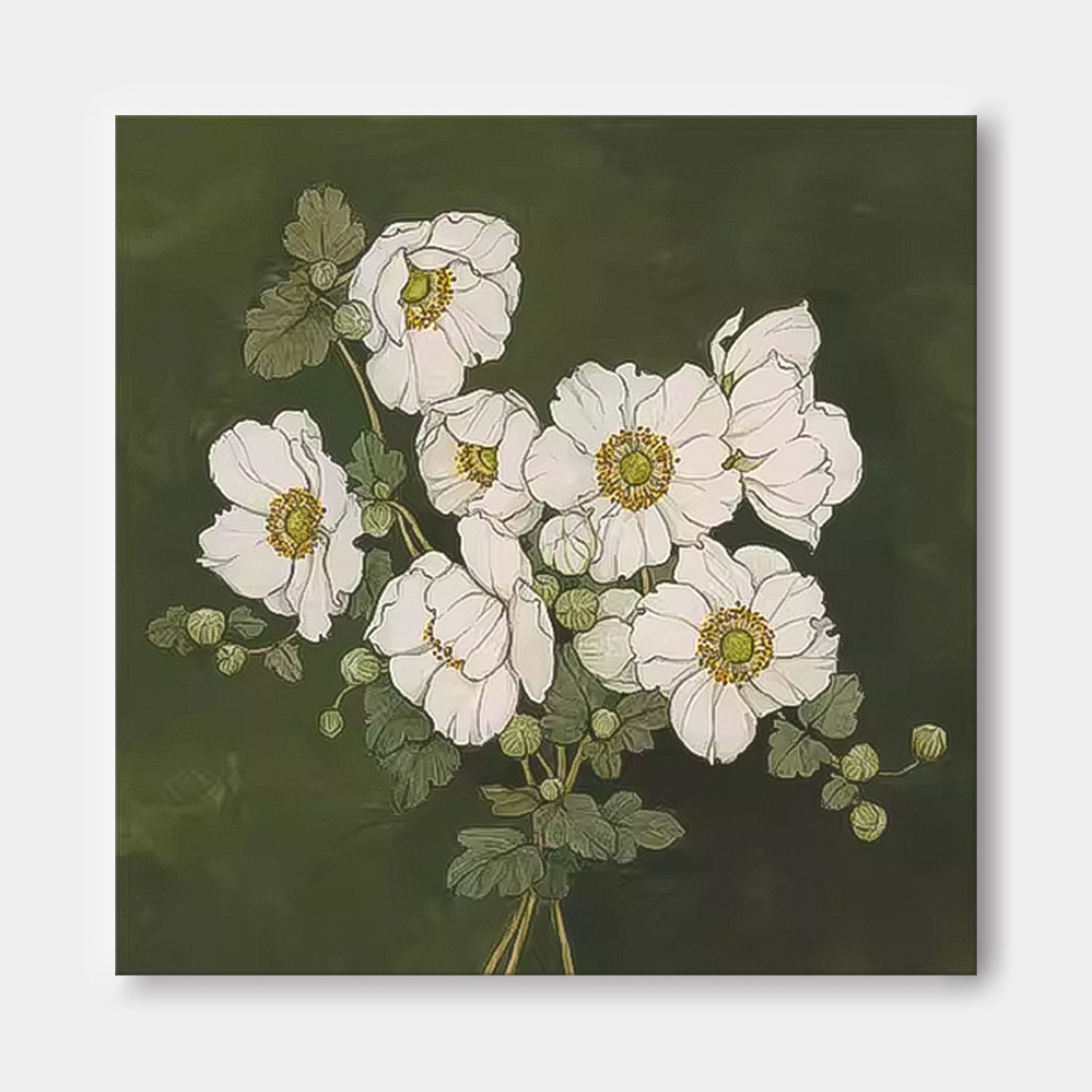 Large Abstract Daisy Flowers Paintings Square Contemporary Flower Paintings Wall Art Green Artwork