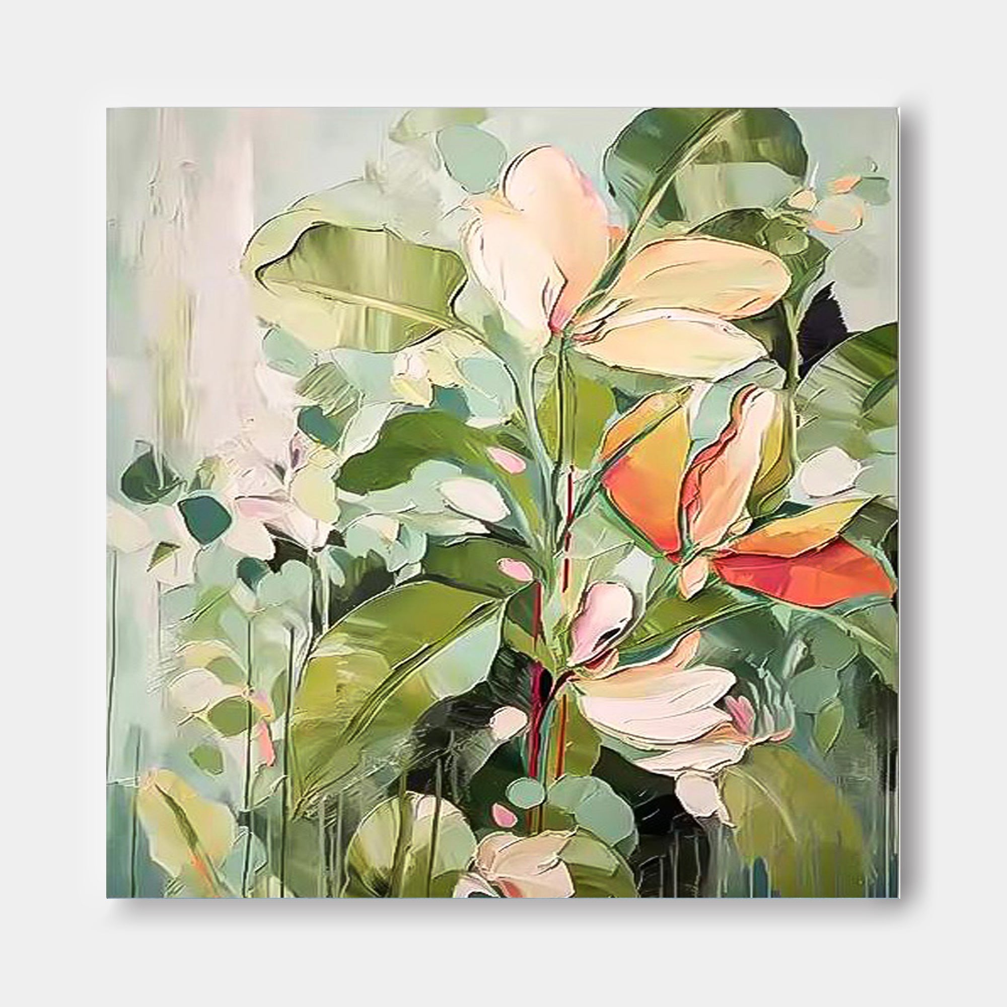 Square Green Acrylic Painting Lovely Original Flowers Abstract Wall Art Modern Floral Oil Painting On Canvas