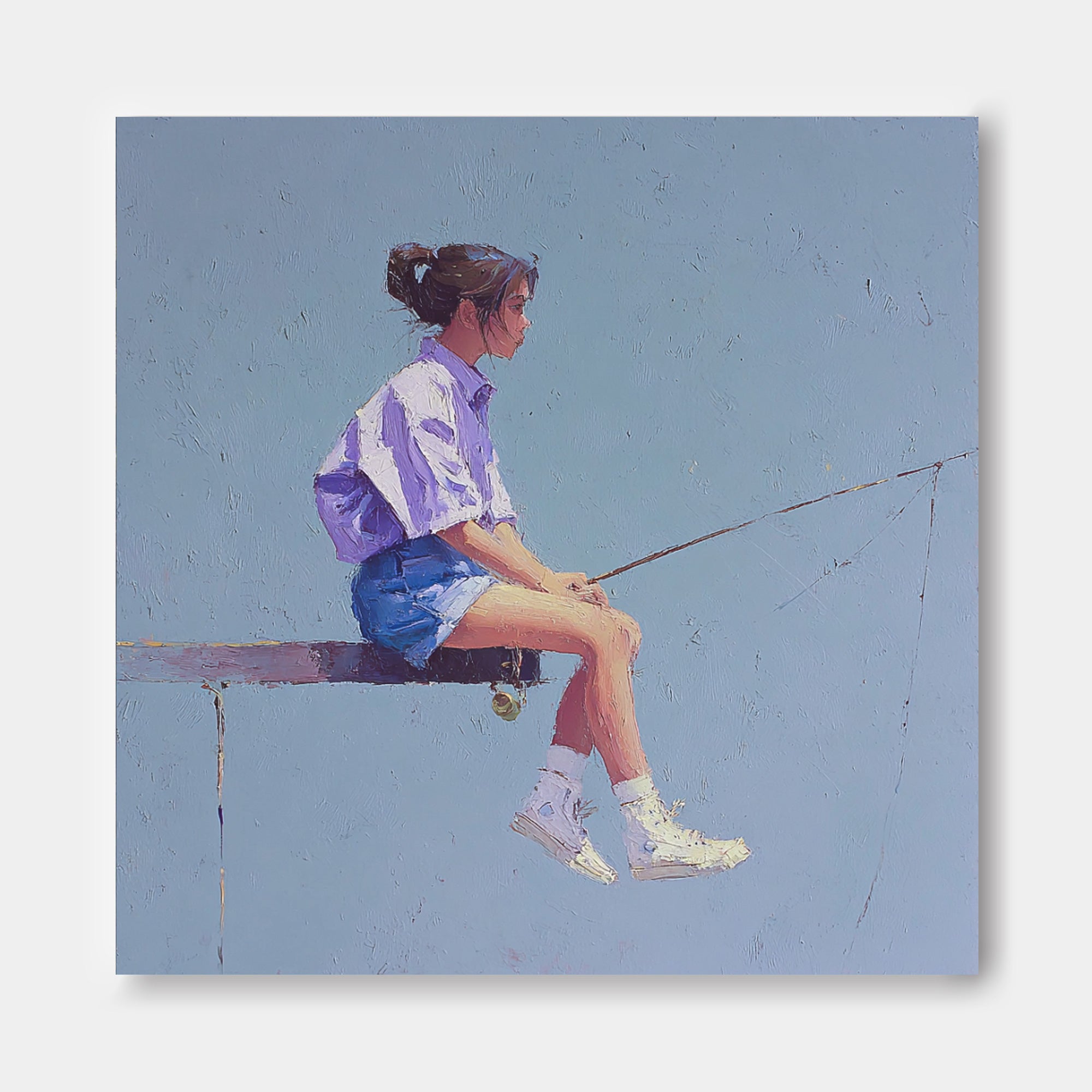 Minimalist Girl Fishing Painting Abstract Warm atmosphere Art Original Blue Wall Art For Living Room
