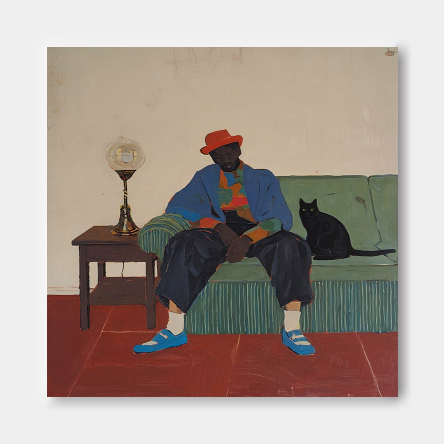 Retro-Inspired Wall Art With Black Cat & Vintage Lamp Bold Colorful Modern Home Decor Painting for Living Room