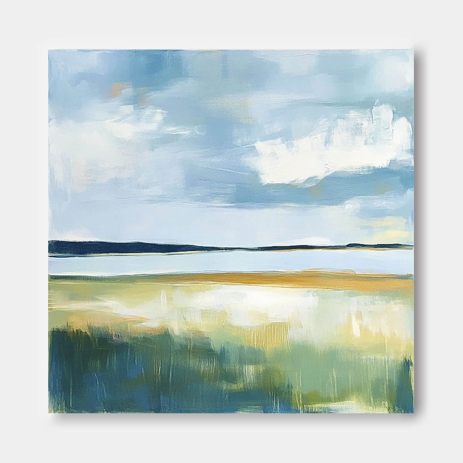 Abstract Lake Landscape Oil Painting Green Countryside Landscape Artwork Large Blue Texture Wall Art Framed