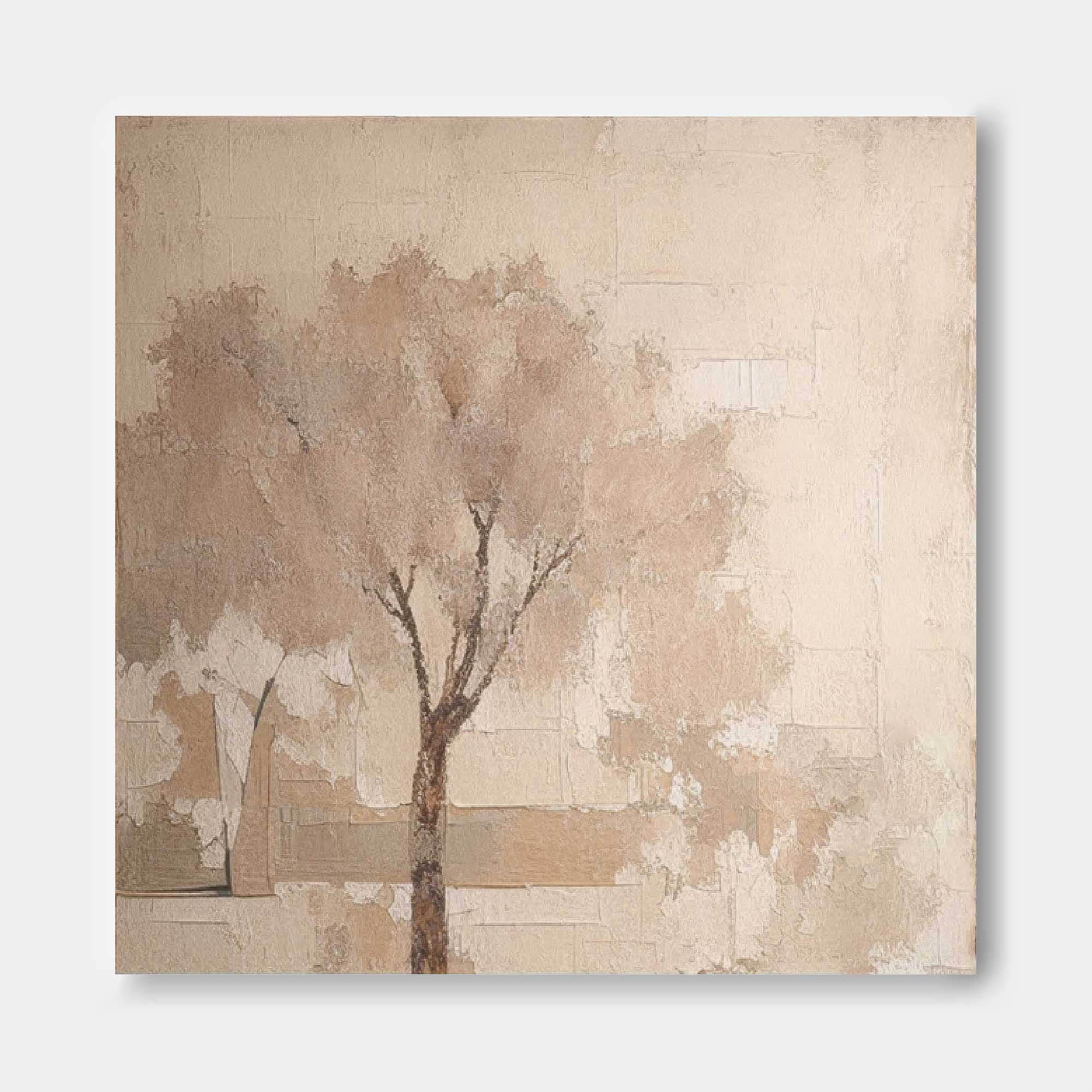 Beige Square Acrylic Painting Canvas Abstract Ink Tree Art Original Painting For Living Room