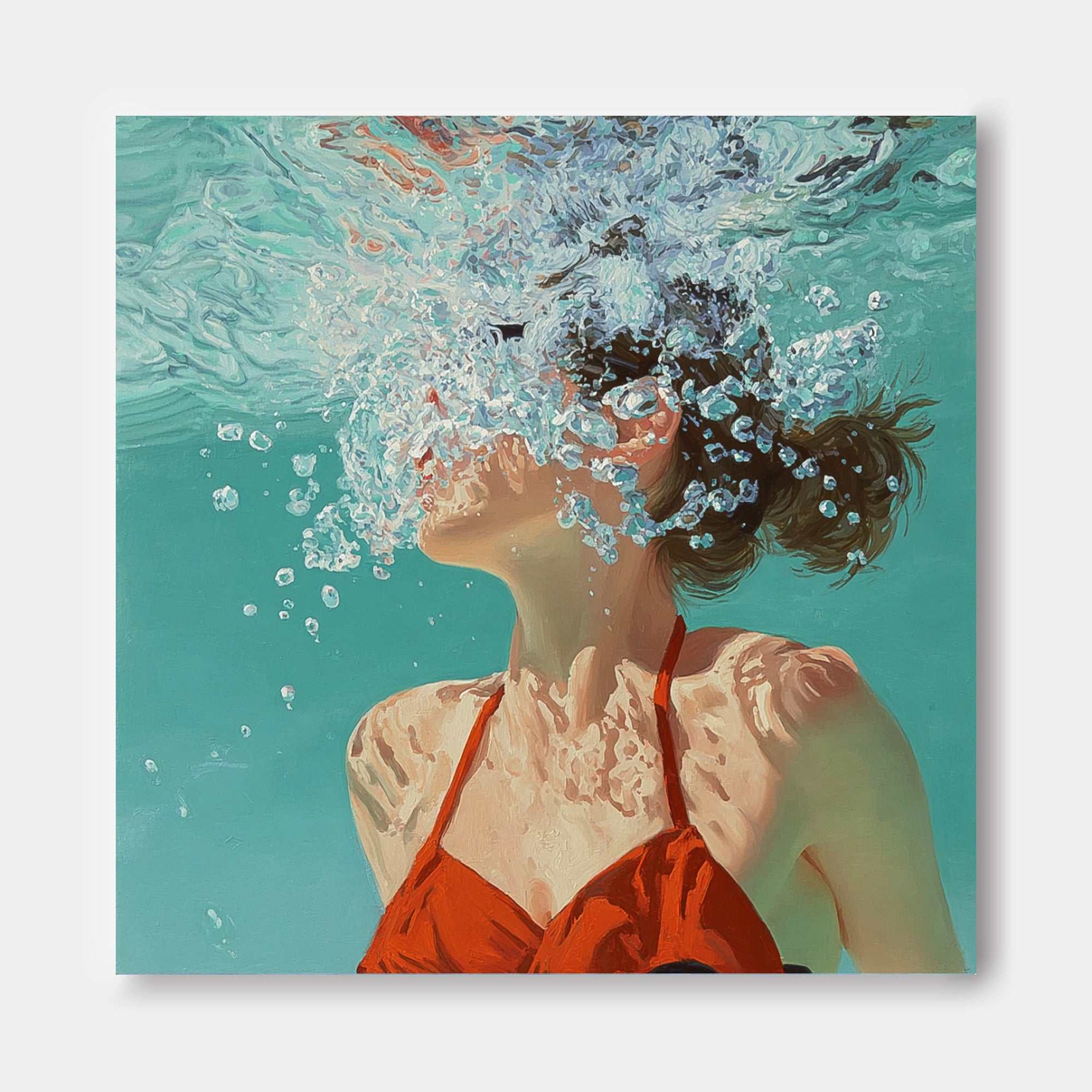 Square Diving In Ocean Sensual Woman Acrylic Painting Original Girl swimming Wall Art Lovely Lady Artwork