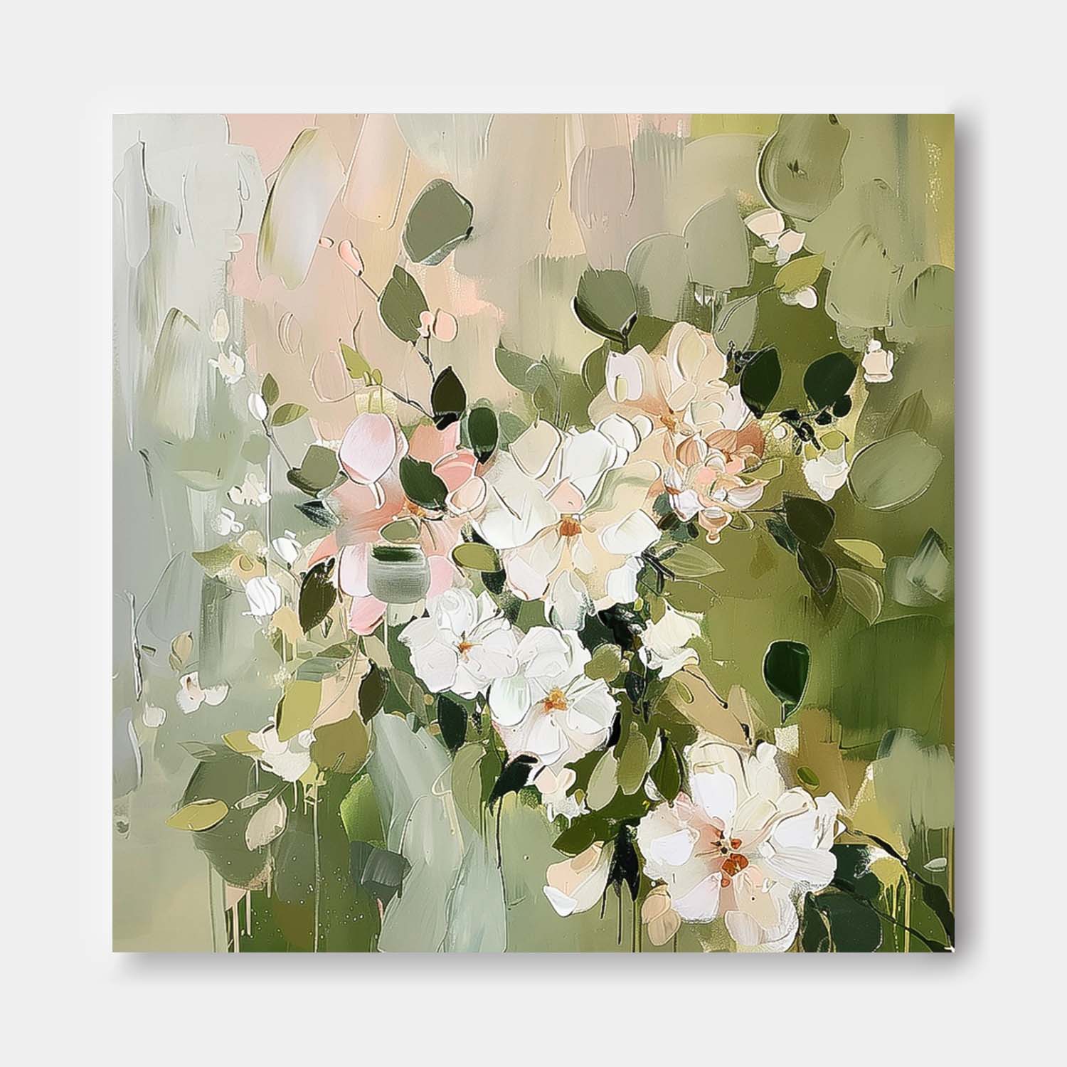 Square Original  Fresh White Flowers Painting Large Green Acrylic Painting Modern Floral Oil Painting On Canvas