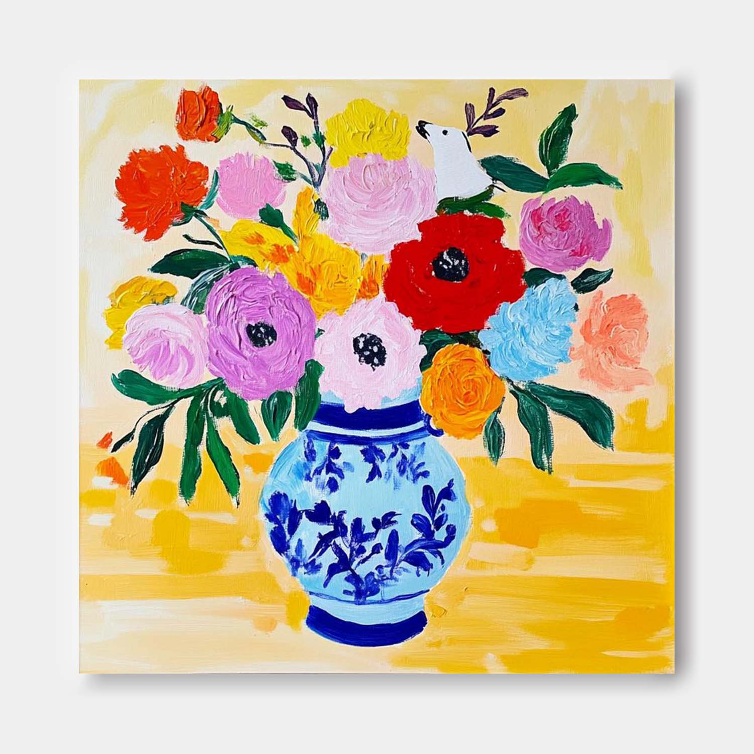Floral Texture Painting on Canvas Original Flower Square Vase Artwork Large Illustration style Wall Art