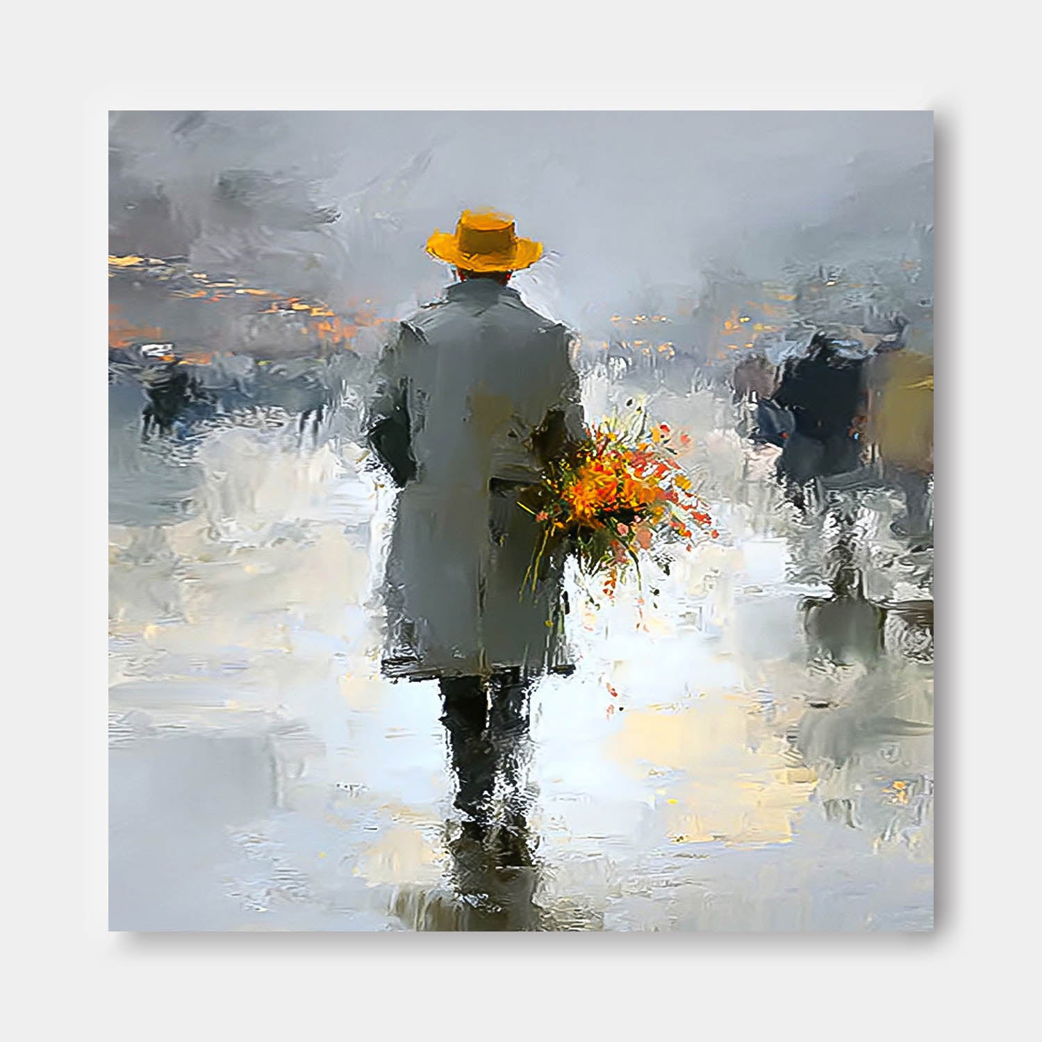 Contemporary Figural Artwork Impressionist Man In Yellow Hat Oil Painting Canvas Modern Abstract Wall Art