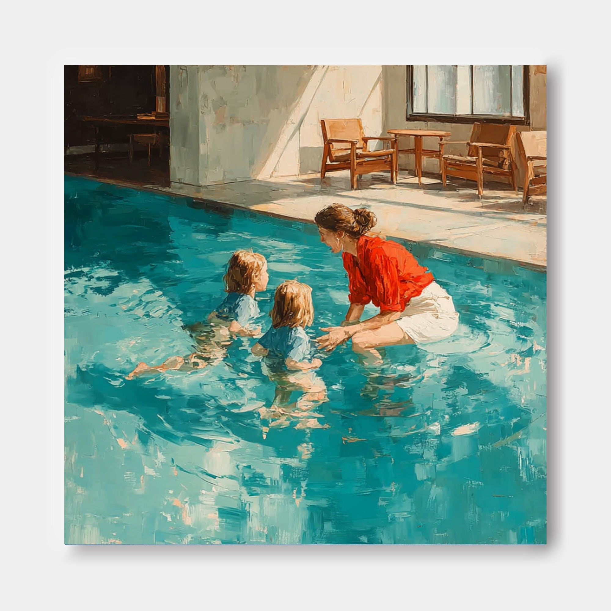 Original Family swimming Wall Art Square Diving In Ocean Mother And Her child Acrylic Painting Large Artwork