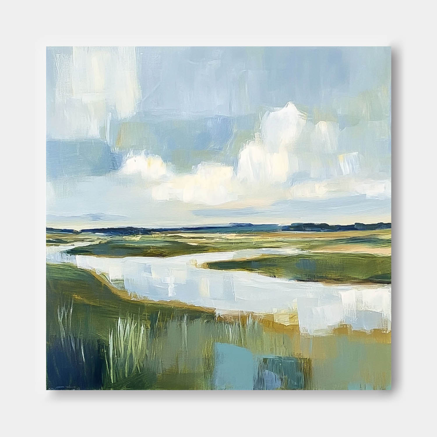 Abstract Lake Landscape Oil Painting Large Blue Texture Wall Art Framed Green Countryside Landscape Artwork