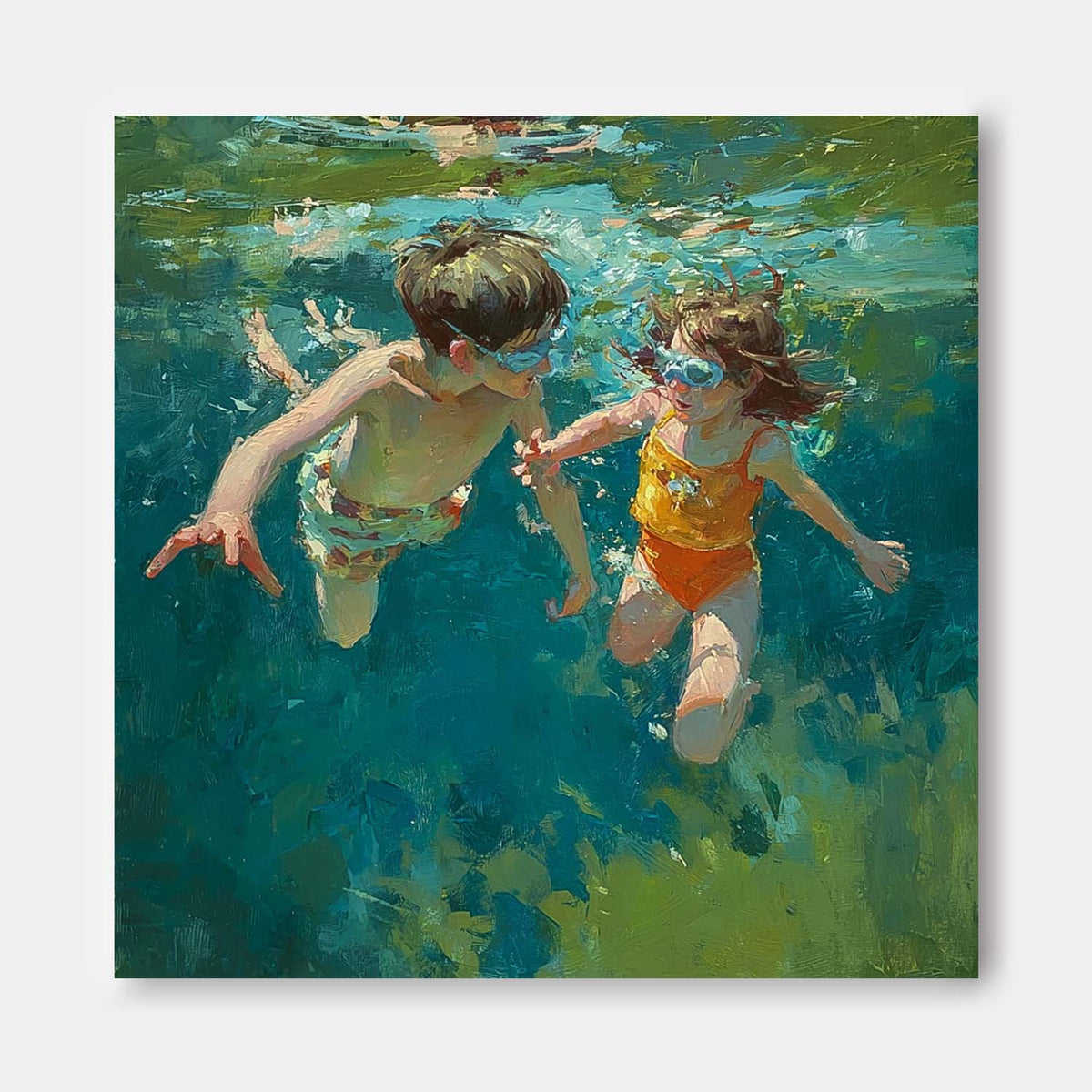 Square Diving In Ocean Acrylic Painting Two Children Artwork Original ...