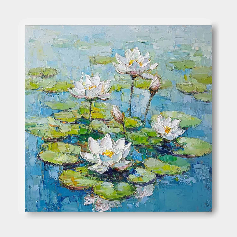 Square Contemporary White Lotus Floral Painting Large Textured Abstract Flower Paintings Original Artwork