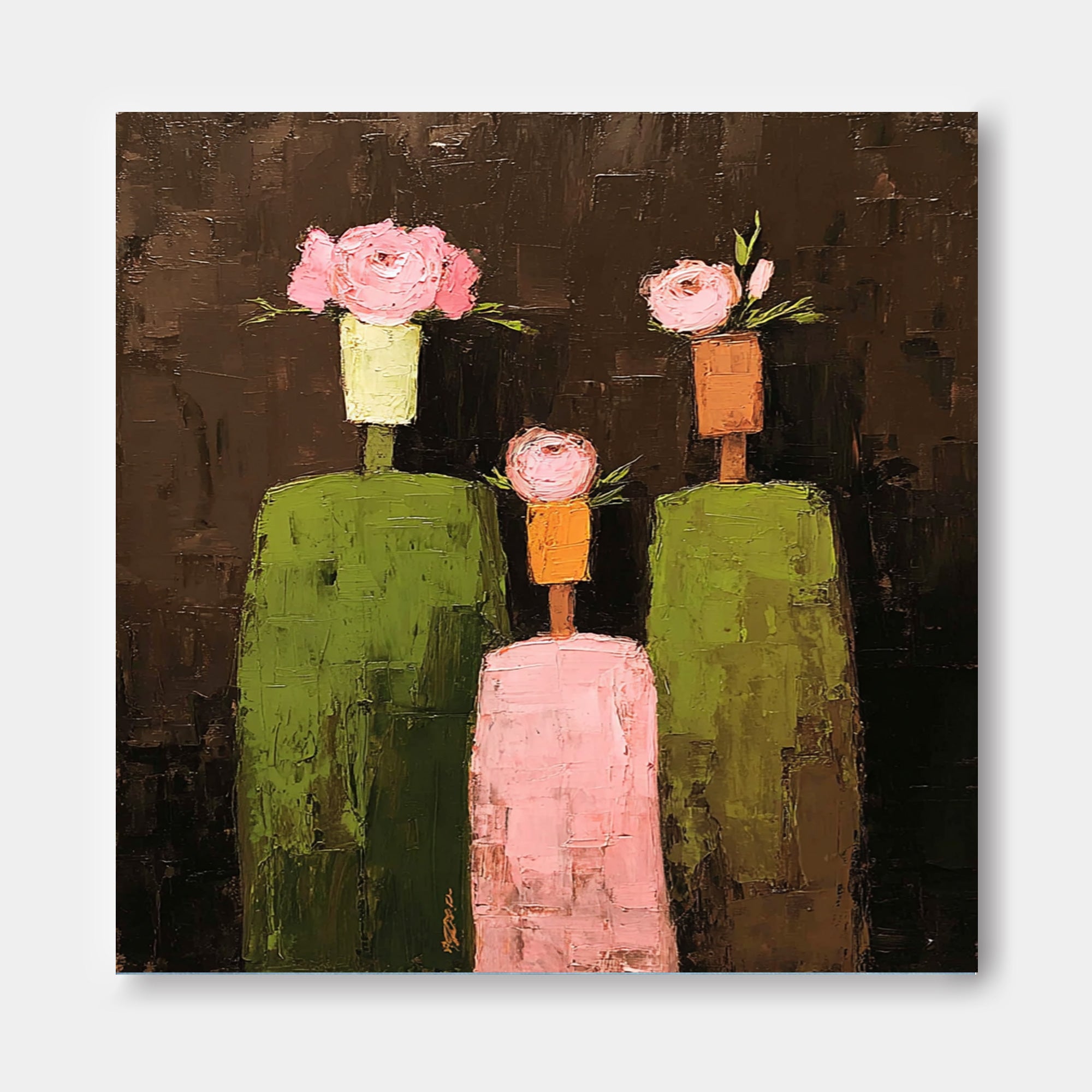 Abstract Floral Oil Painting Canvas Modern Pink Flowers & Geometric Green Figures Contemporary Wall Art