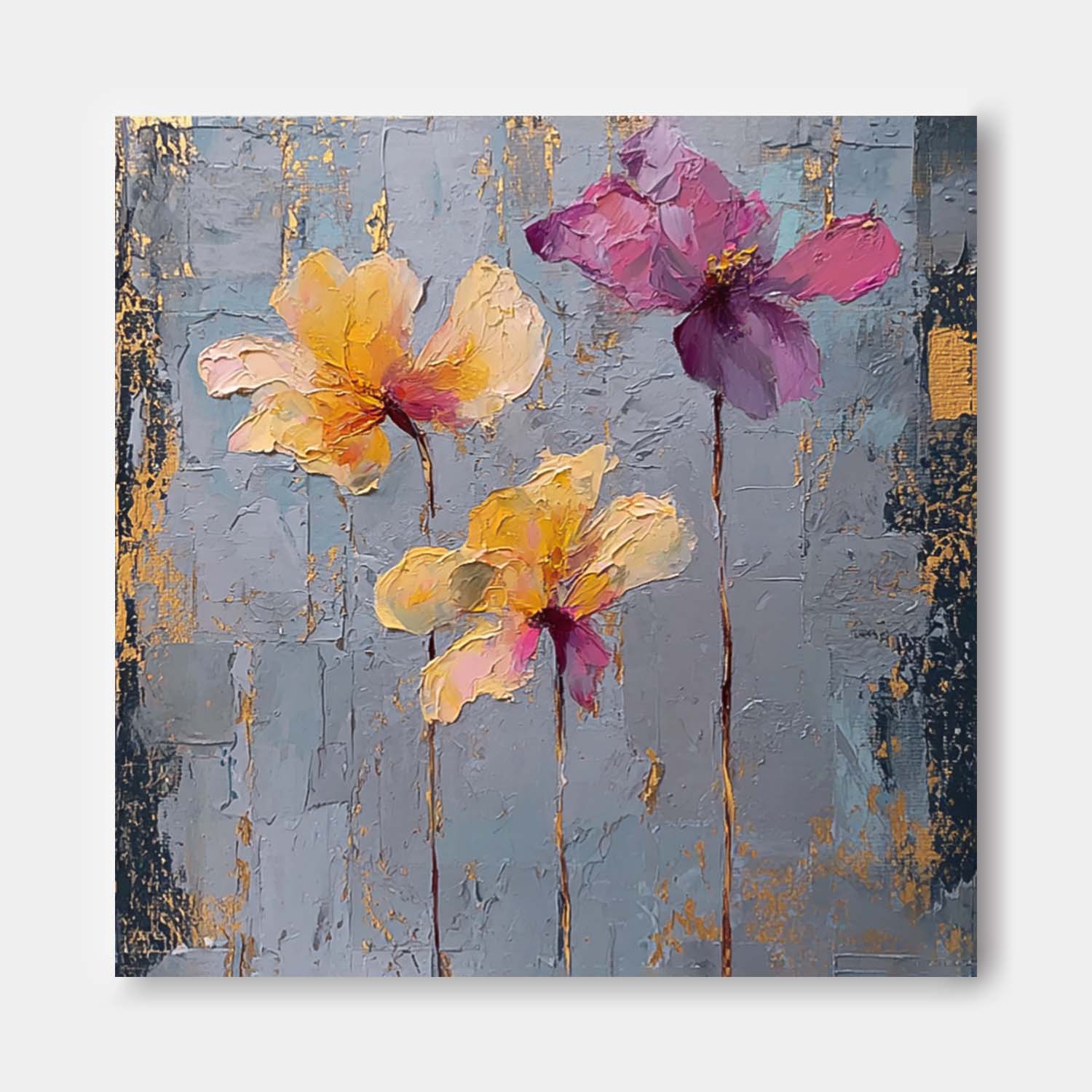 Square Abstract Floral Oil Painting Purple & Yellow Textured Wall Art Luminous Blooms Textured Floral Artwork