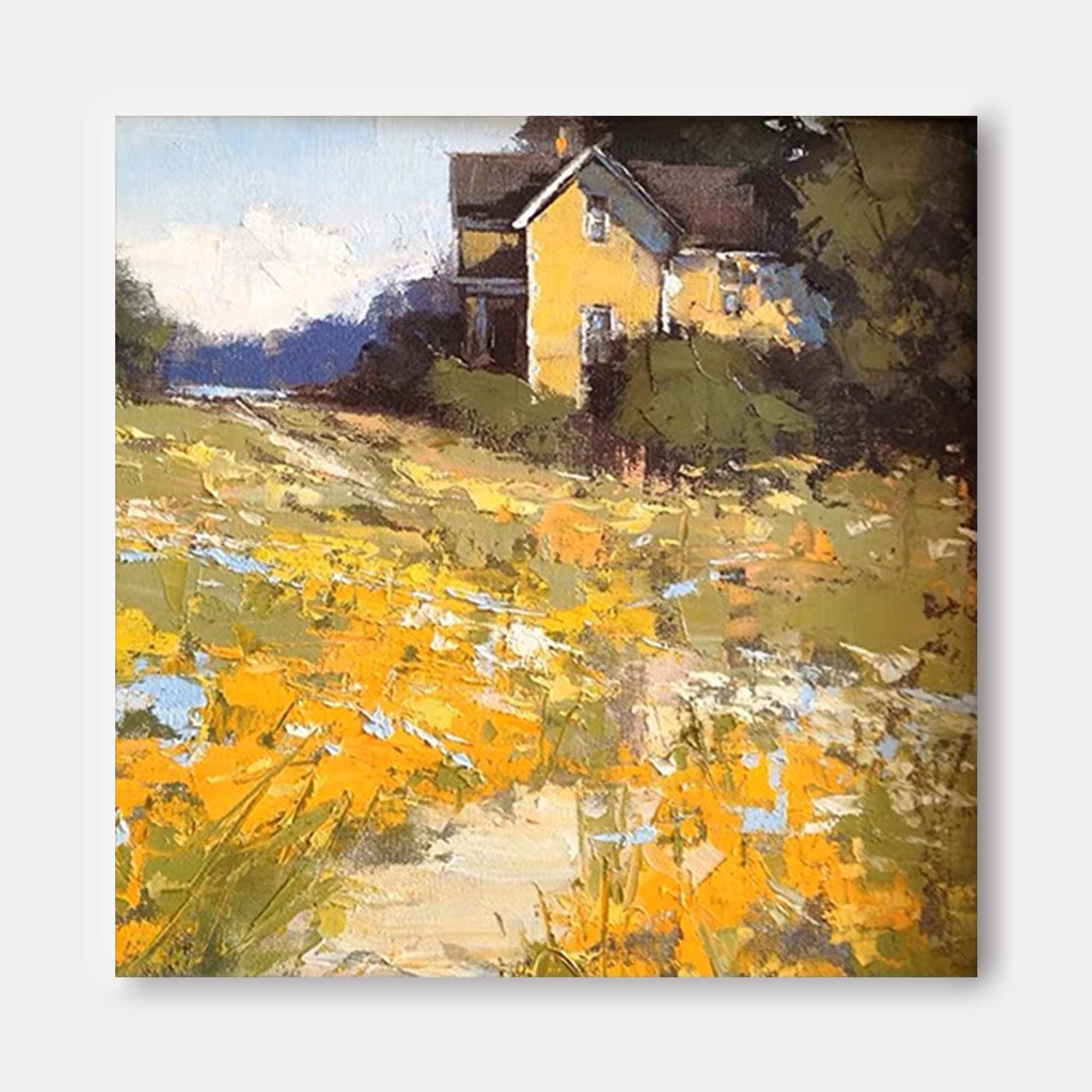 Original Country Cottage Oil Painting Large Wall Art Abstract Yellow Landscape Painting Living Room Decoration