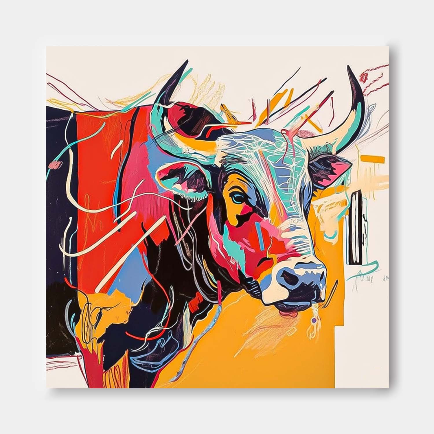 Large Colorful Animal Artwork Home Decor Square Ox Oil Painting Canvas Original Lovely Cow Wall Art