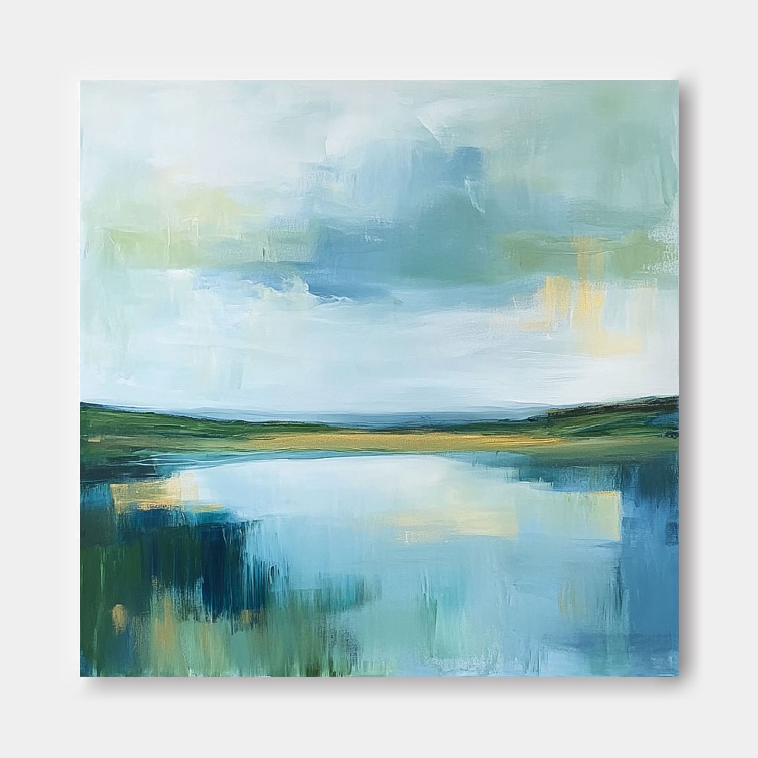 Green Countryside Landscape Artwork Large Blue Texture Wall Art Framed Abstract Lake Landscape Oil Painting