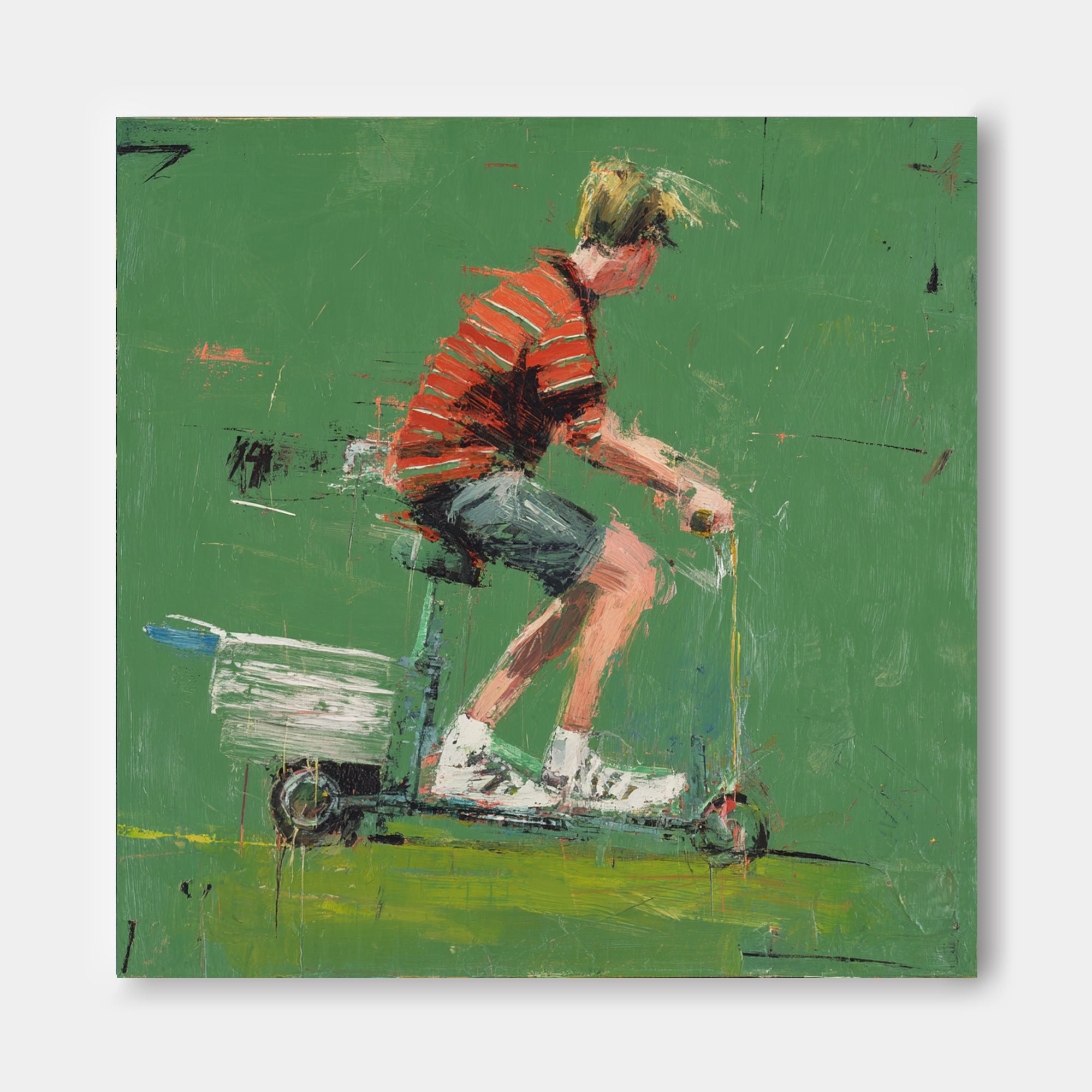 Minimalist Energetic Boy Riding A Scooter Painting Abstract Fashionable Street Style Original Green Wall Art