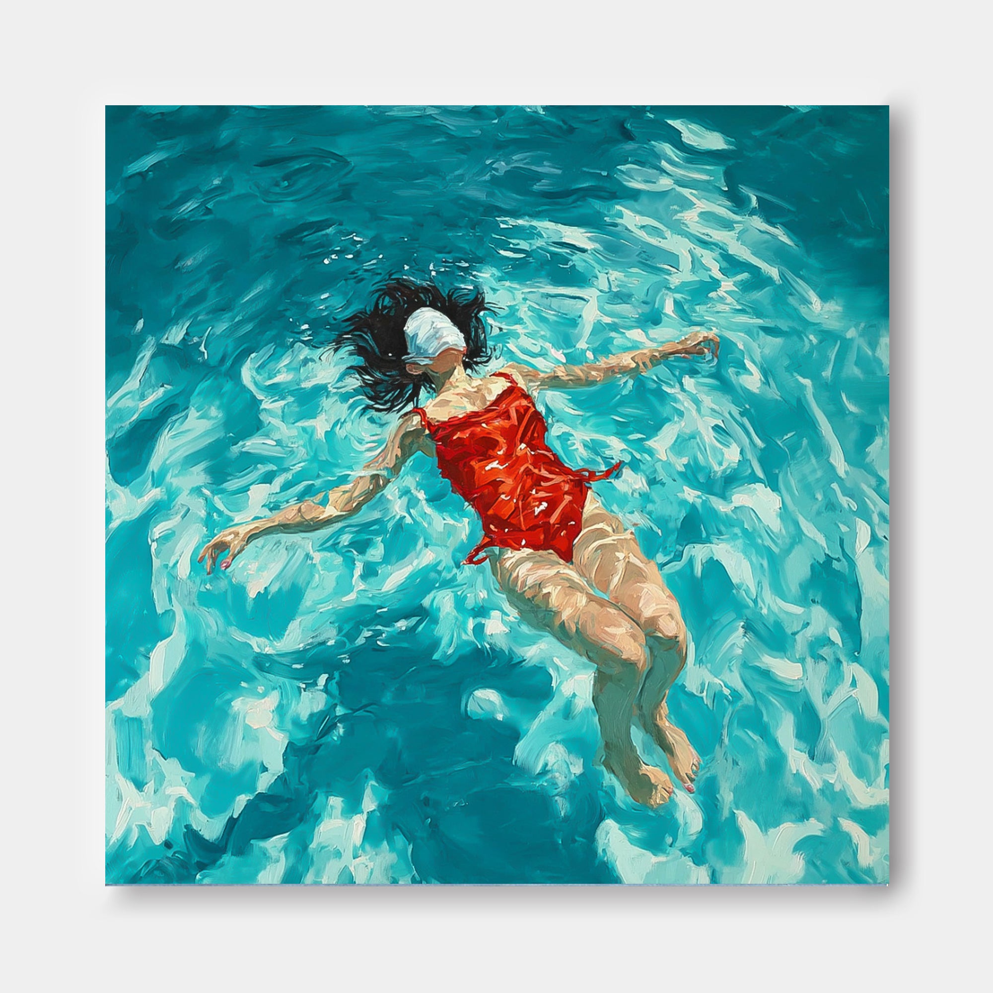 Square Diving In Ocean Sensual Woman Acrylic Painting Original Girl swimming Wall Art Pretty Lady Artwork