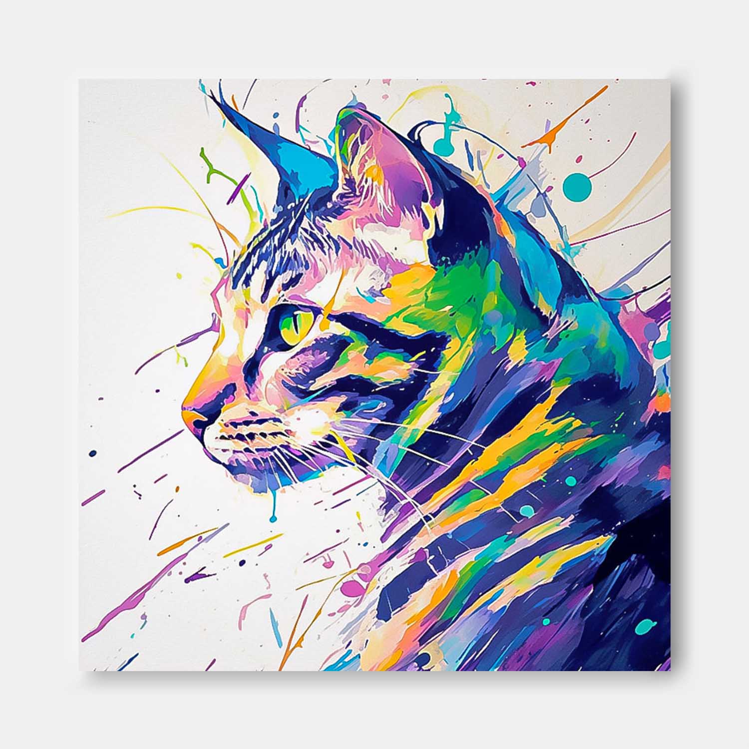 Square Cat Oil Painting Canvas Large Colorful Animal Artwork Original Lovely Kitty Wall Art Home Decor