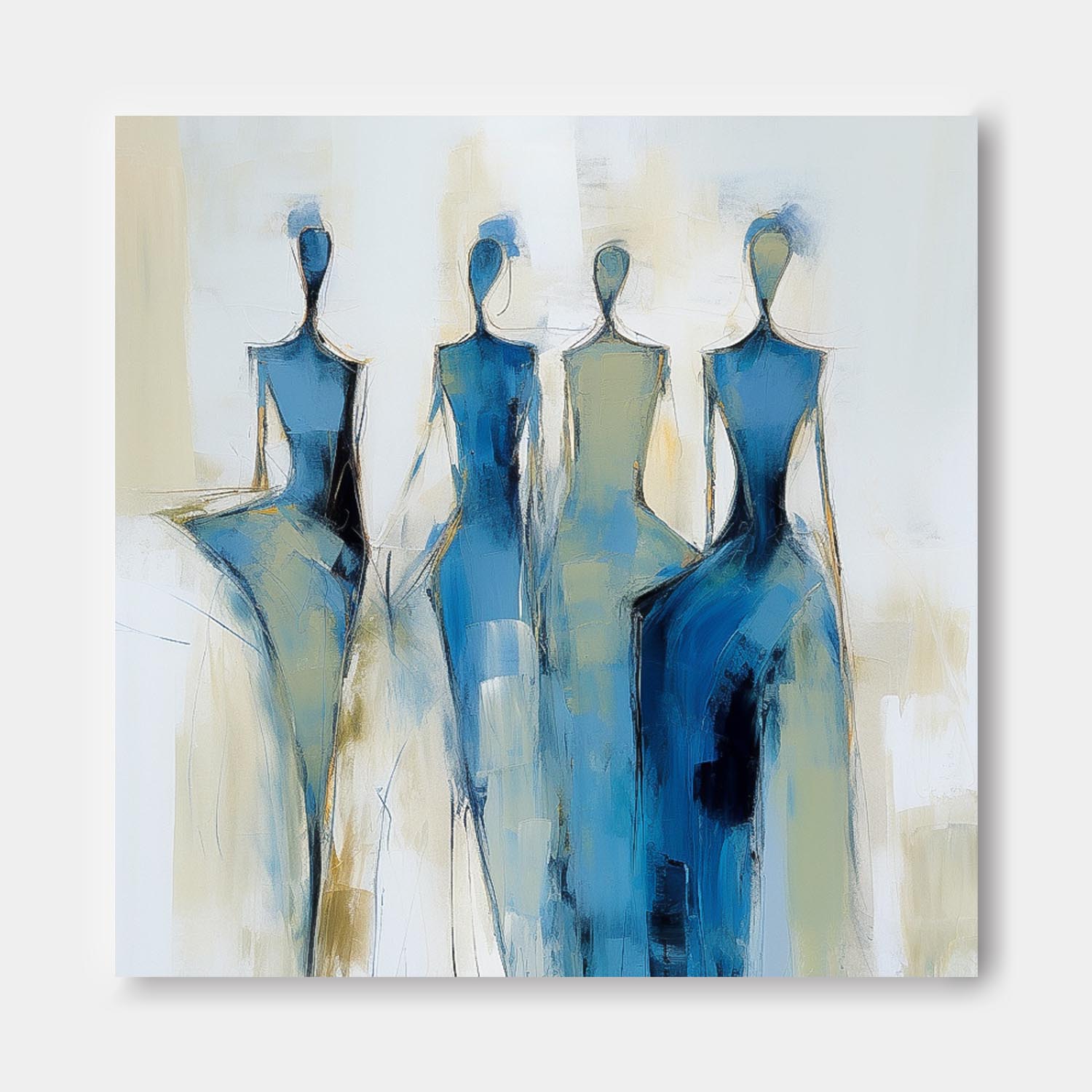 Square Large Portrait Artwork Original Blue Figure Acrylic Painting Canvas Abstract Wall Art Decor