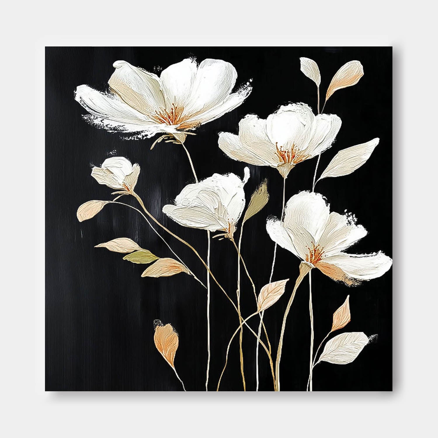 Black Original Artwork Texture Plant Wall Art Large White Flower Abstract Oil Painting Canvas Home Decor
