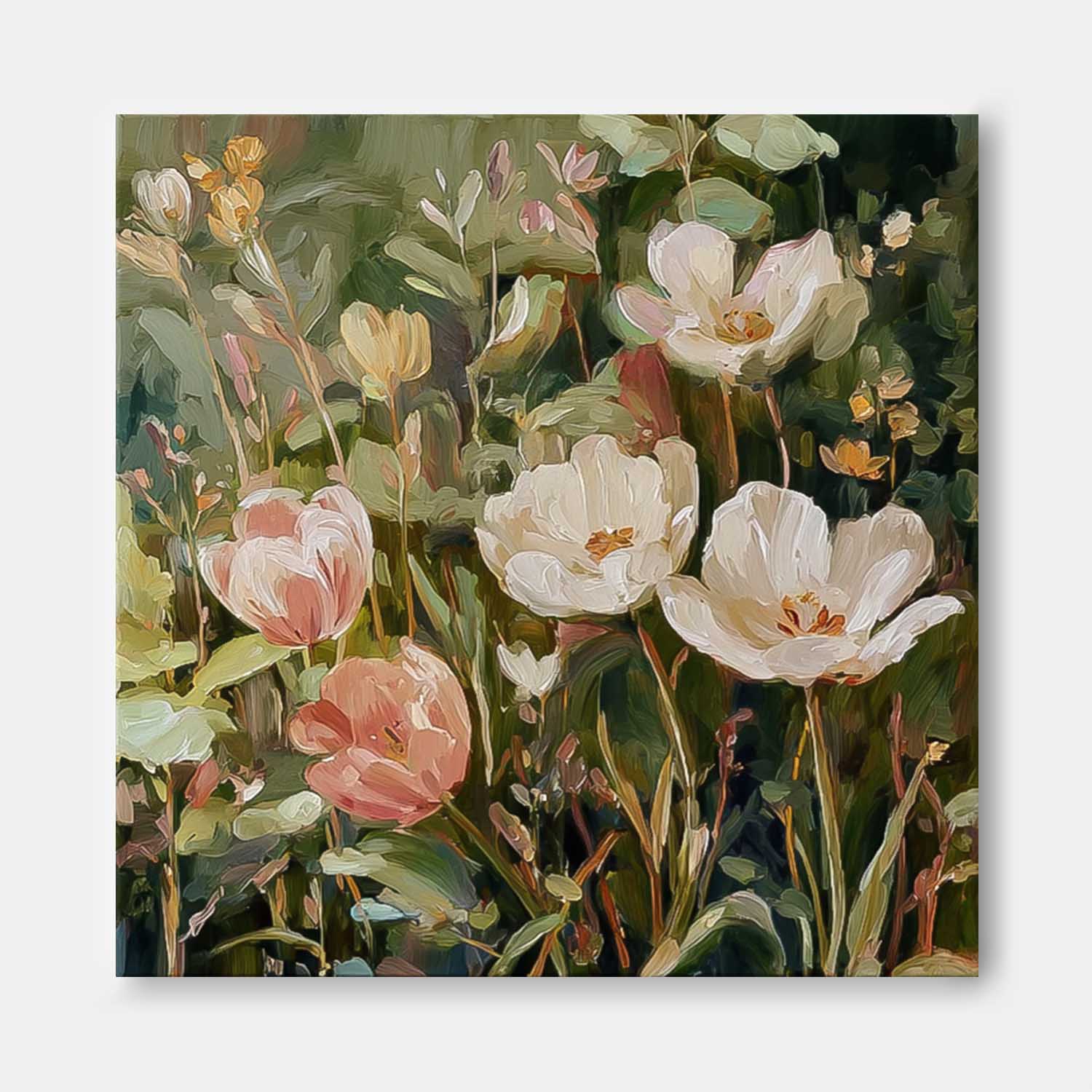 Square Vintage Oil Painting Style Tulips In White And Pink With Sage Green Leaves Cottagecore Wall Decor