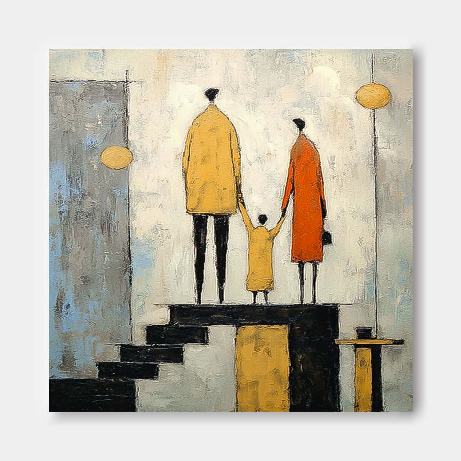 Square Original Neutral Background Oil Painting Minimalist Family Wall Art Modern City Silhouette Home Decor