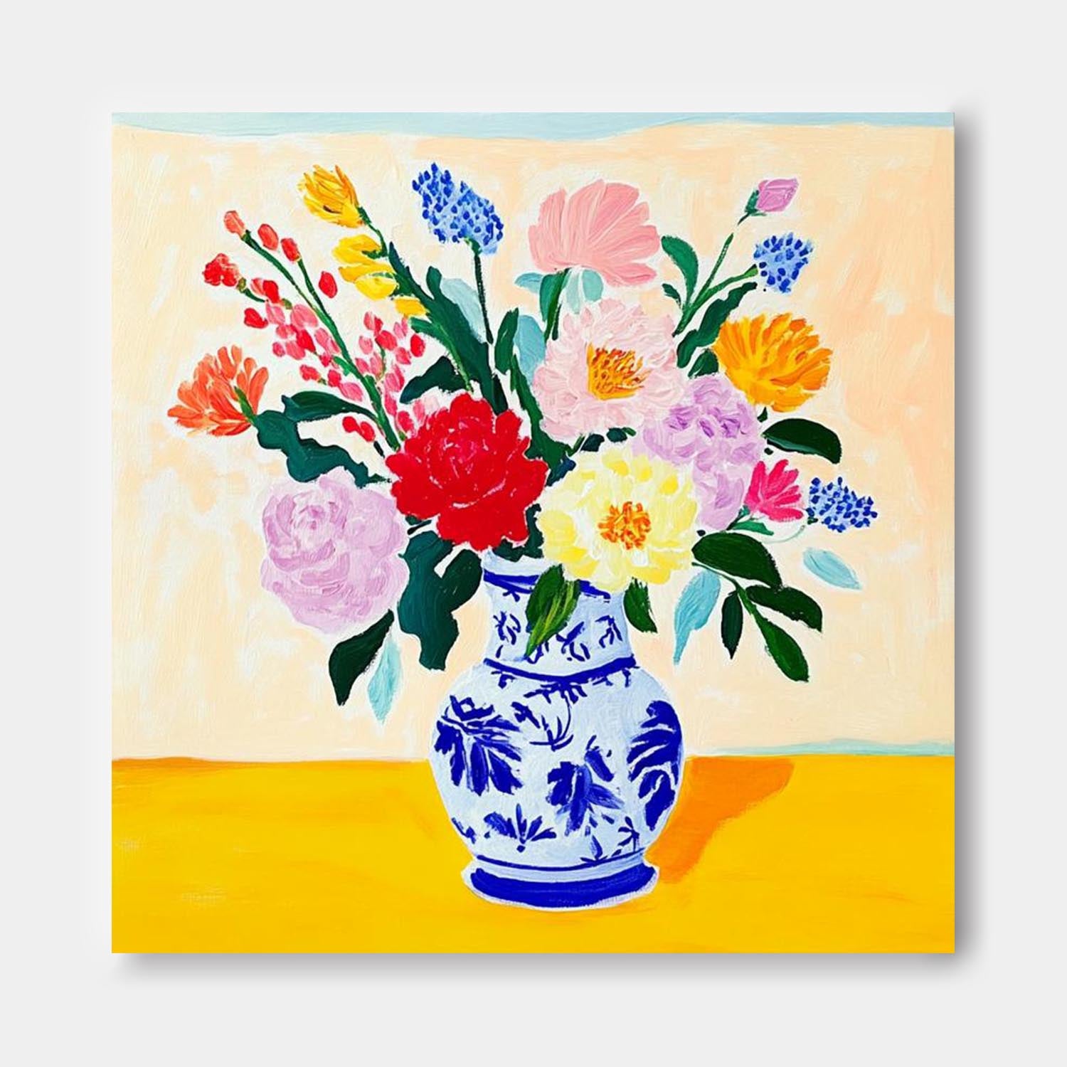Original Flower Square Vase Artwork Floral Texture Painting on Canvas Large Illustration style Wall Art