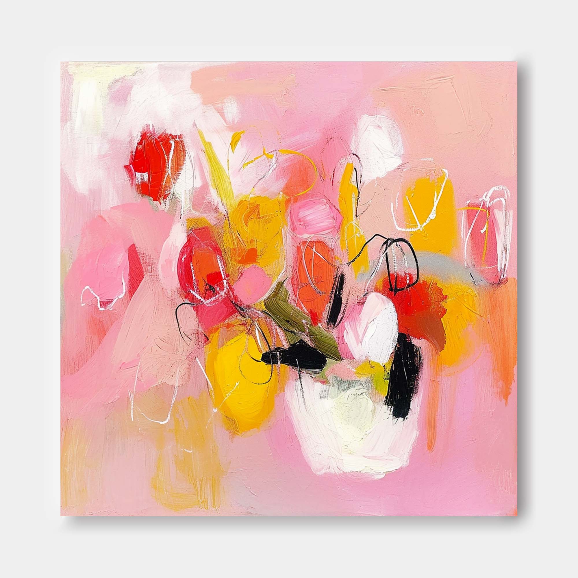 Square Abstract Graffiti Oil Painting Bright Pink Large Acrylic Painting Canvas Original Modern Wall Art For Living Room