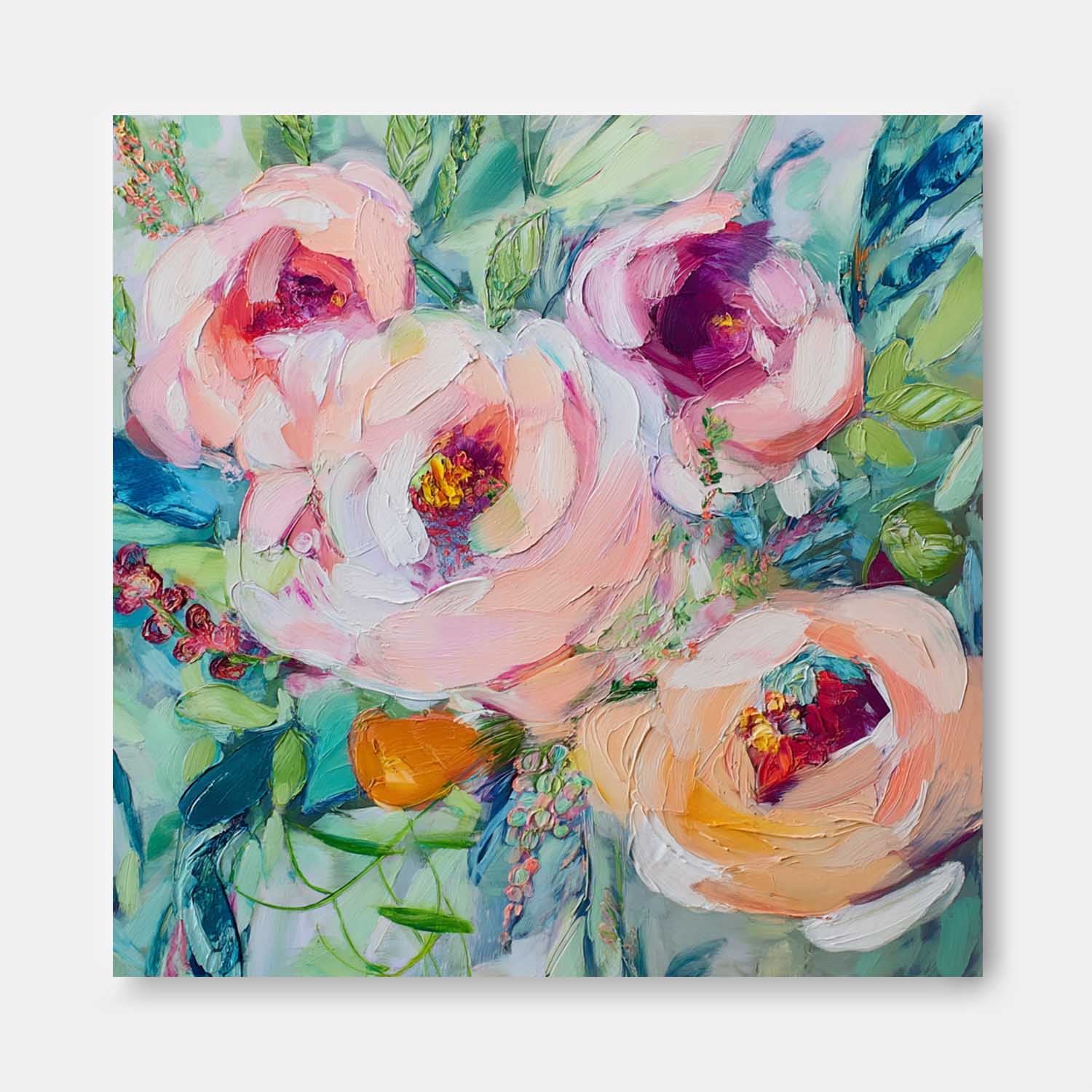 Large Botanical Acrylic Painting Canvas Original Floral Artwork Square Abstract Flowers Art Home Decor