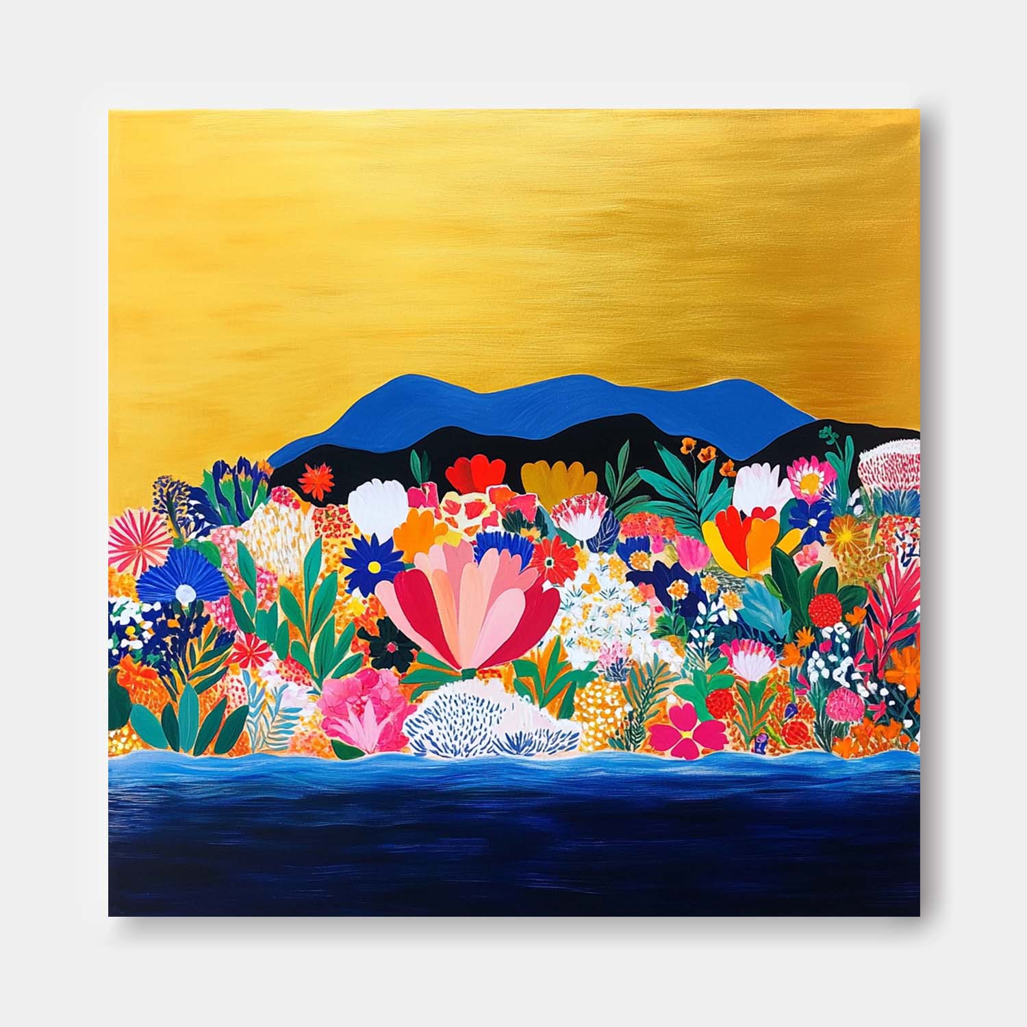 Floral Painting on Canvas Original Flower Bush Botanical Square Artwork Large Illustration style Wall Art