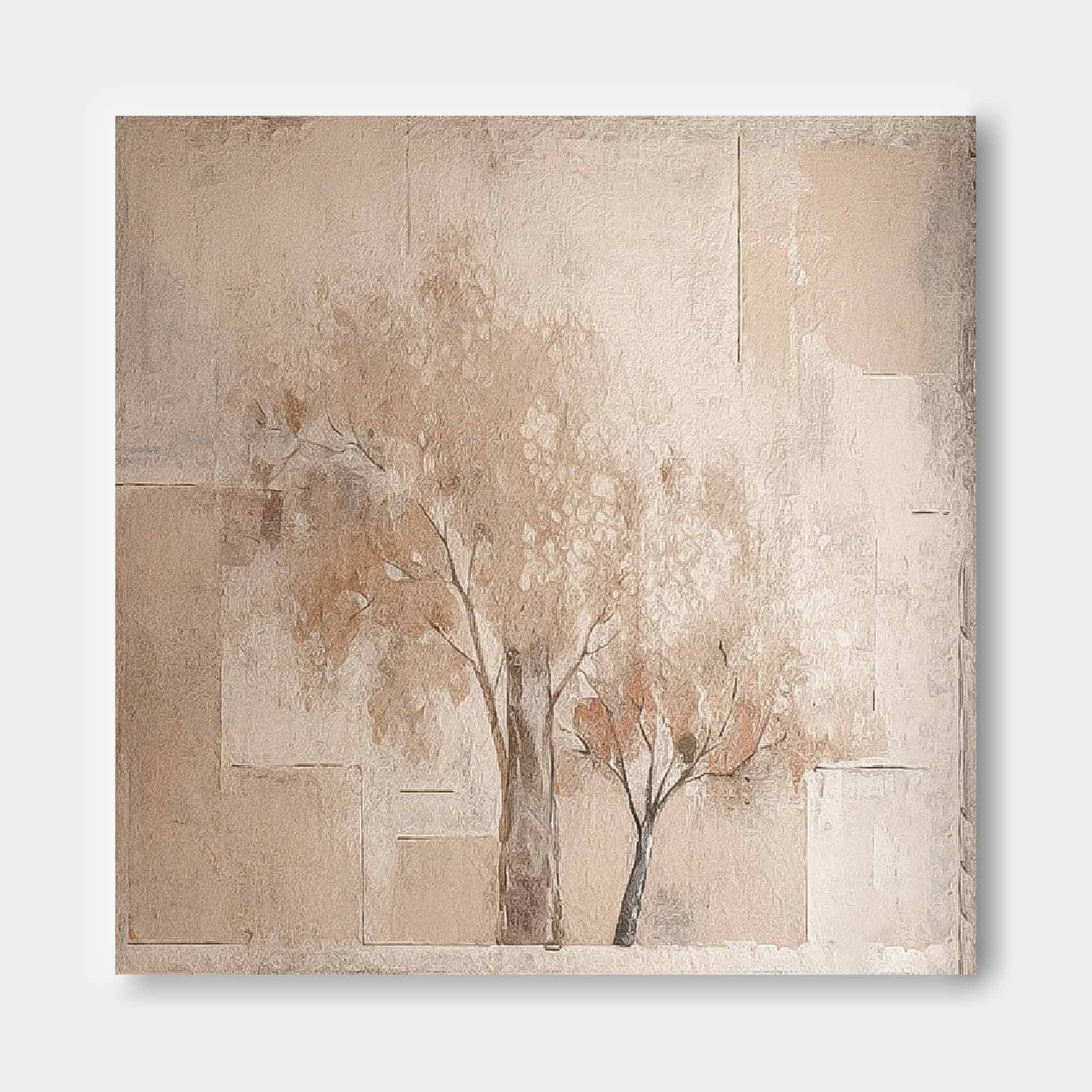 Original Vintage Oil Painting Abstract Ink Tree Wall Art Beige Square Acrylic Painting On Canvas For Sale