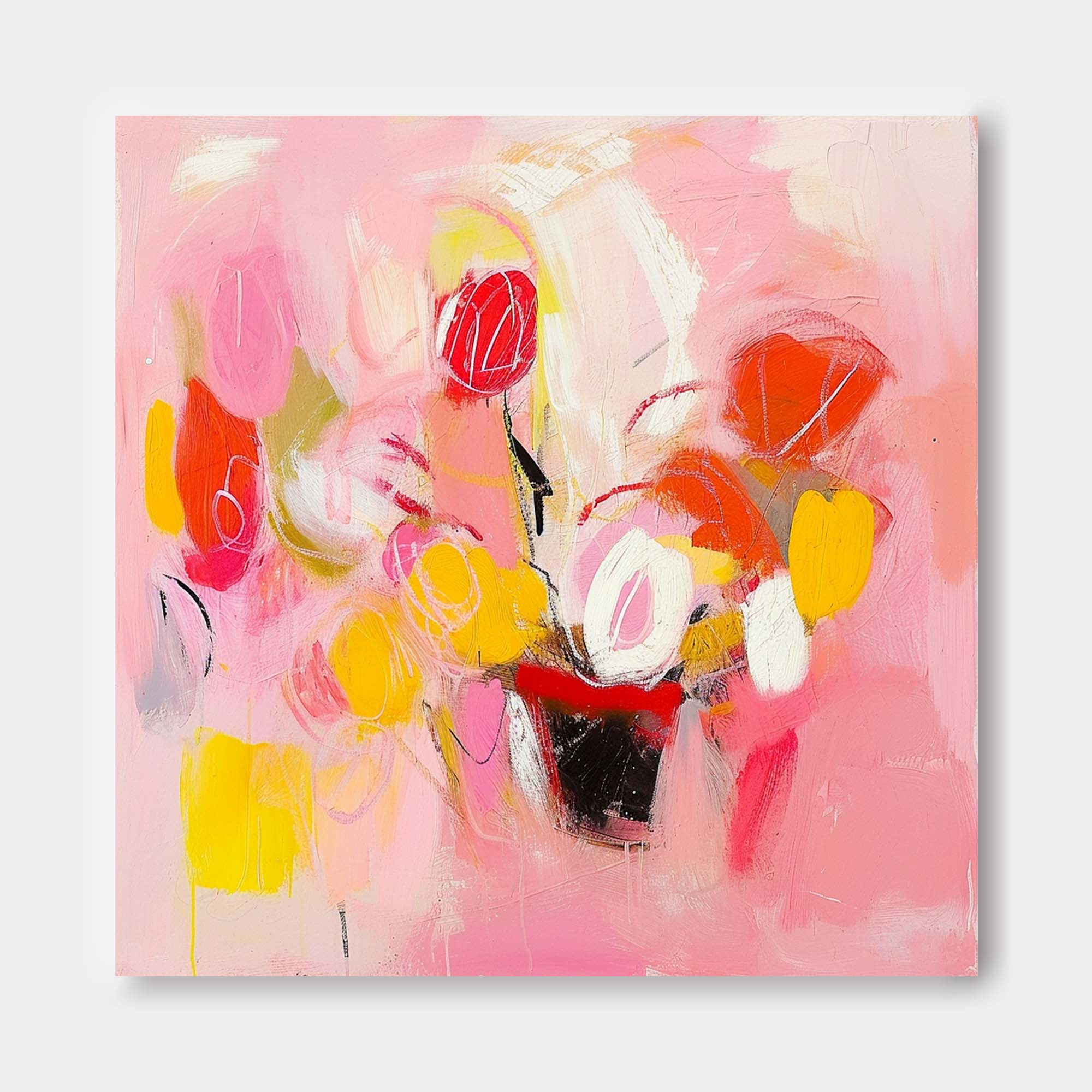 Square Abstract Graffiti Oil Painting Bright Pink Large Acrylic Painting Canvas Original Modern Wall Art For Living Room