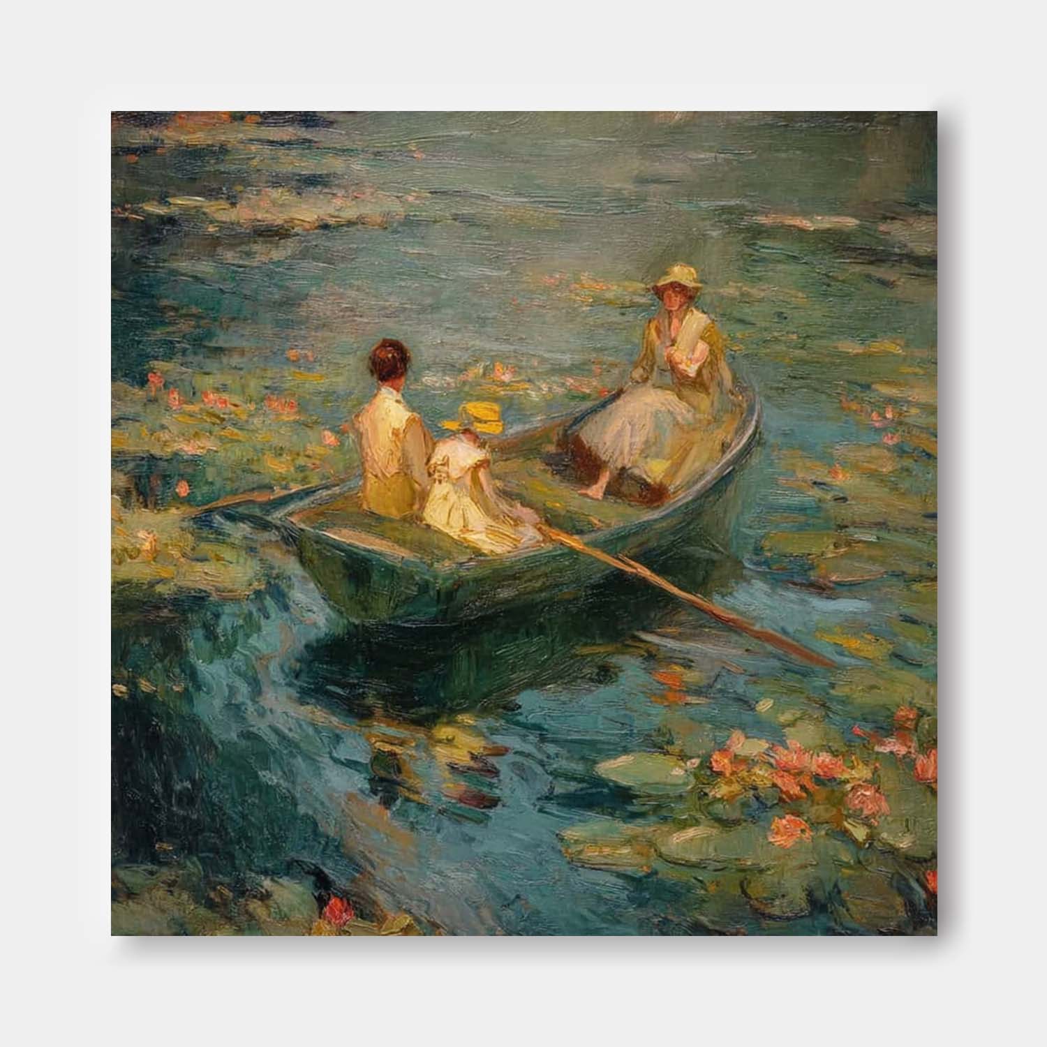 Impressionist Row Boat Water Lilies Art Serene Lake Vintage Cottagecore Painting Relaxing Idyllic Home Ambiance