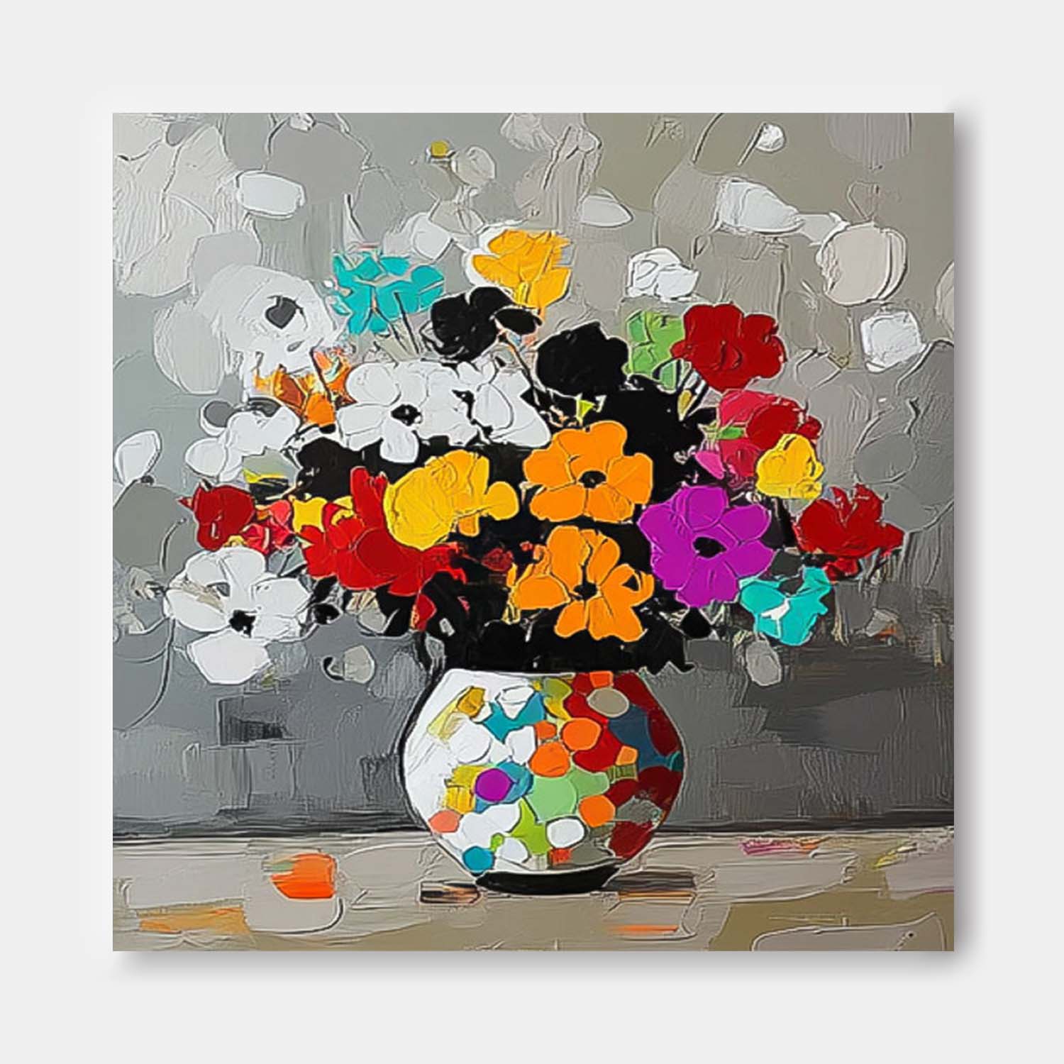 Original Flower Square Vase Artwork Floral Texture Painting on Canvas Large Color Handmade Wall Art
