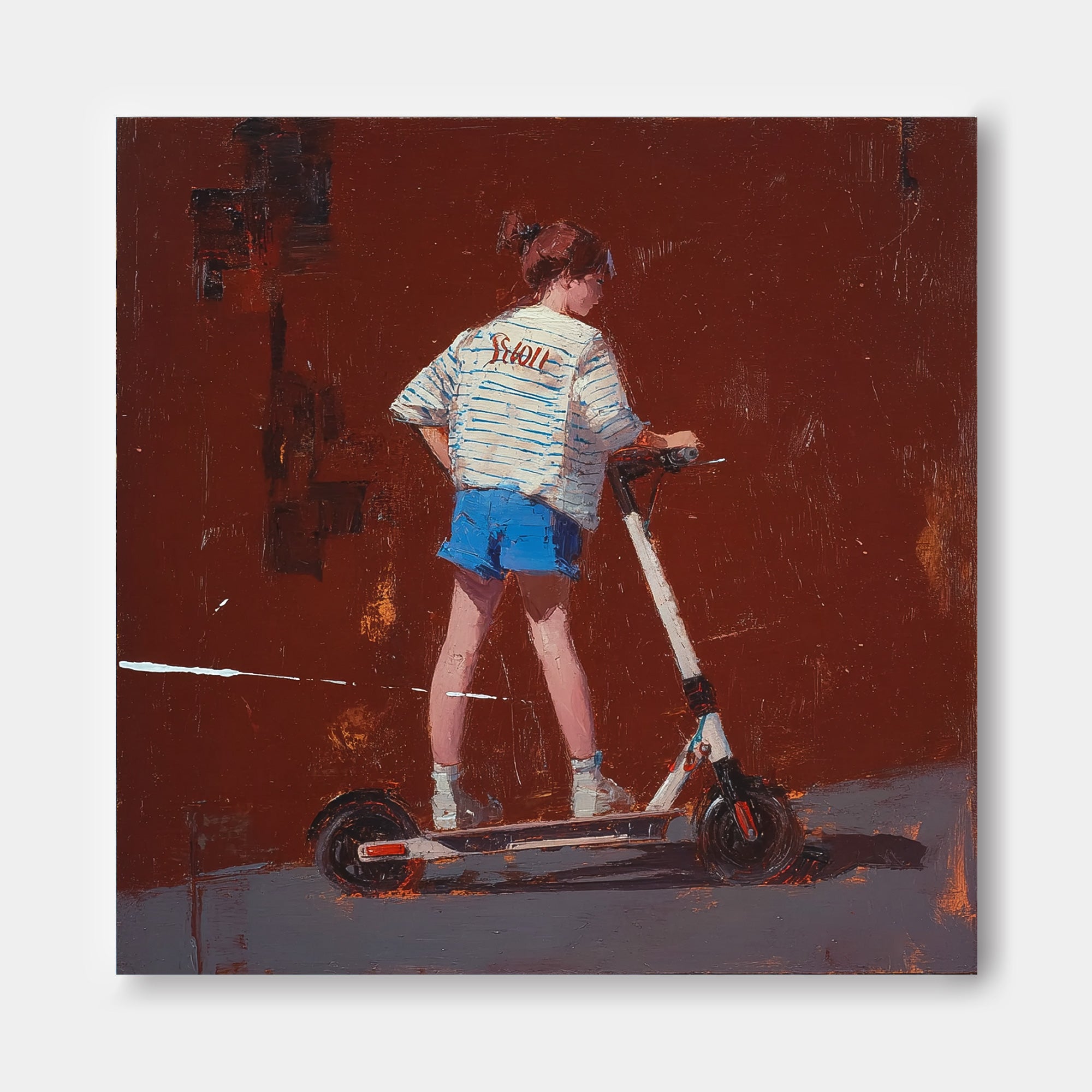 Original Red Wall Art Abstract Fashionable Street Style Minimalist Energetic Girl Riding A Scooter Painting