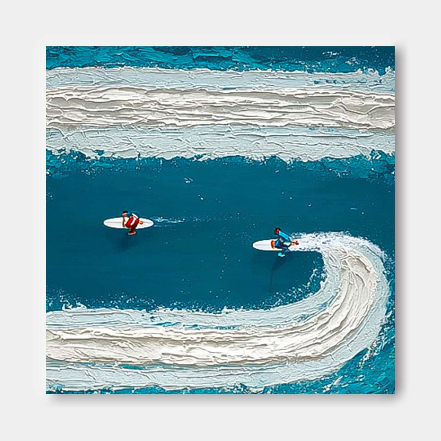 Square Abstract Surfer Landscape Blue Ocean Wall Art Minimalist Surfing Art Contemporary Ocean Painting