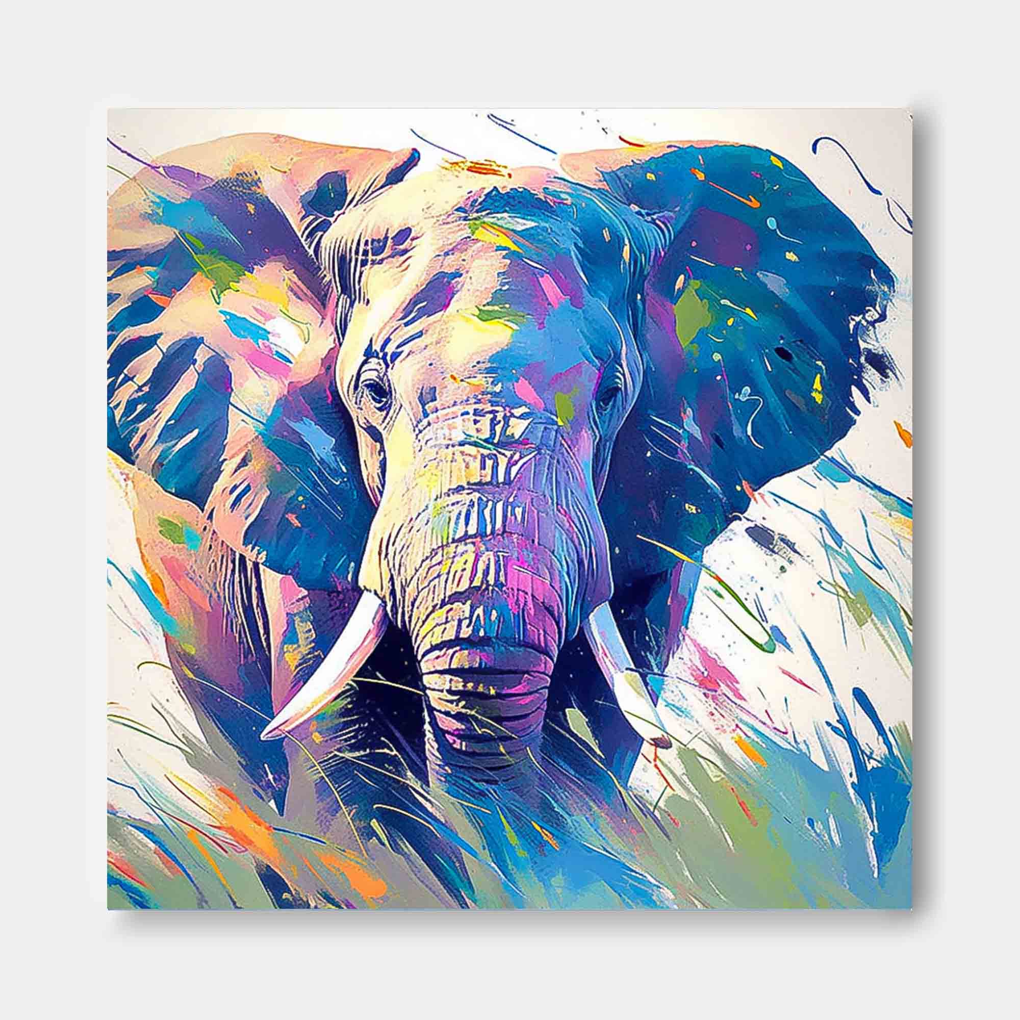 Original Lovely Elephants Wall Art Square Elephants Oil Painting Canvas Large Colorful Animal Artwork Home Decor