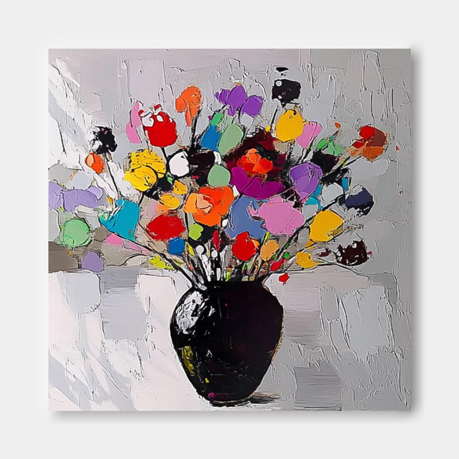 Large Color Handmade Wall Art Original Abstract Flower Vase Artwork Floral Texture Painting On Canvas