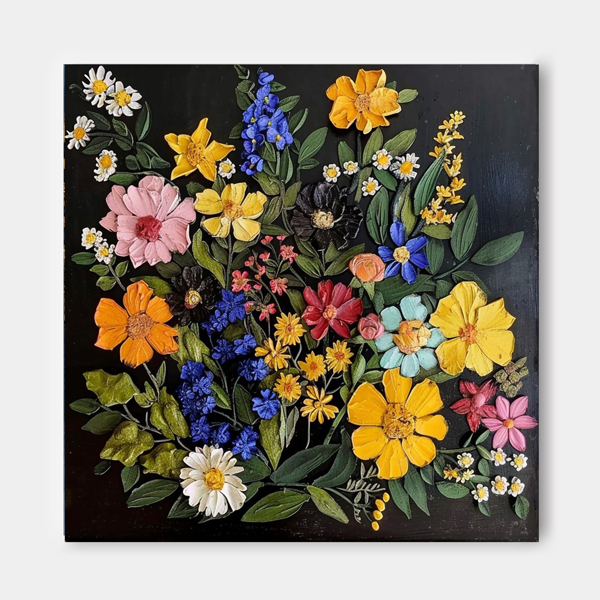 Thick Texture Floral Acrylic Painting Cute Flowers On Black Background Contemporary 3d Wall Art For Sale