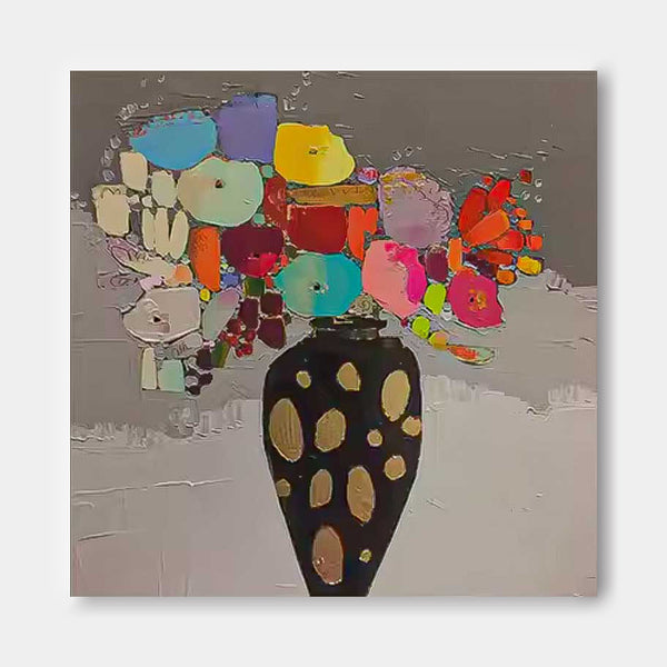 Large Abstract Vase Paintings Square Contemporary Colorful Stone Flower Paintings Spring Painting Framed