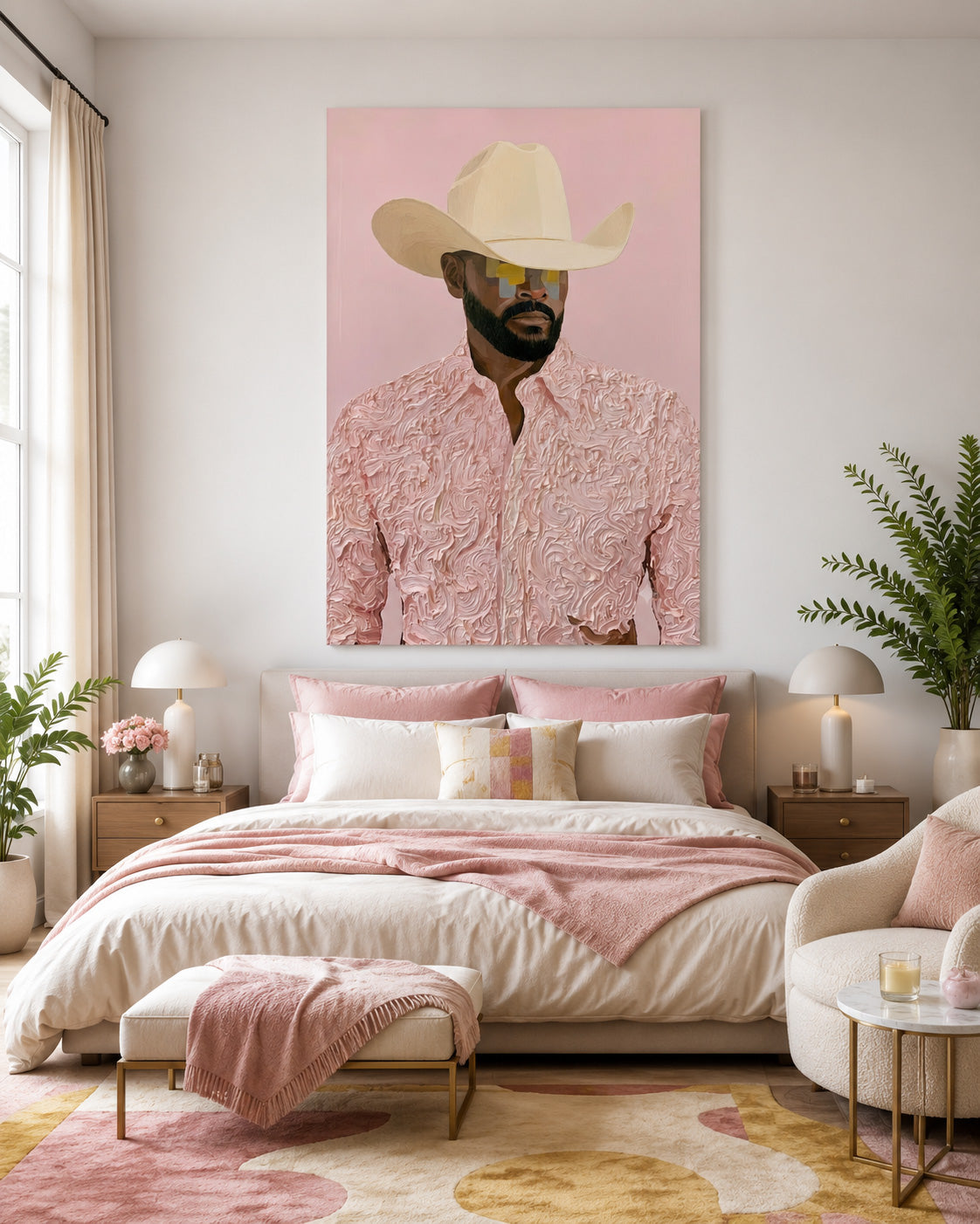 Modern Cowboy Portrait Painting Pink Textured Wall Art For Living Room Decor