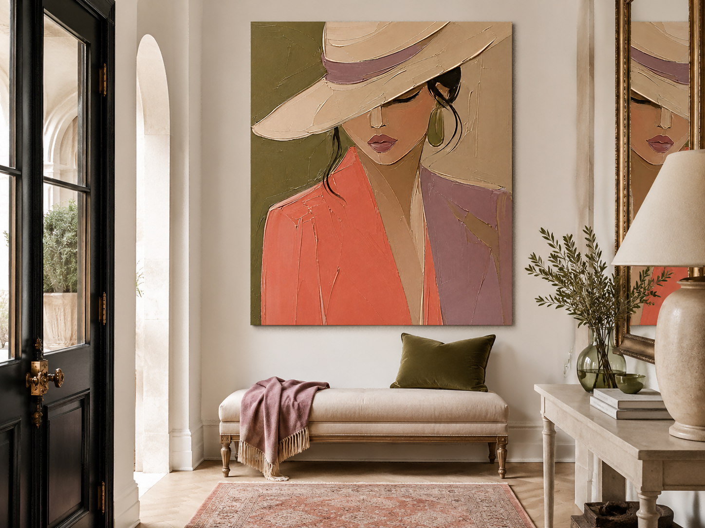 Modern Abstract Woman Portrait Painting With Hat Impasto Texture Square Canvas Art For Living Room