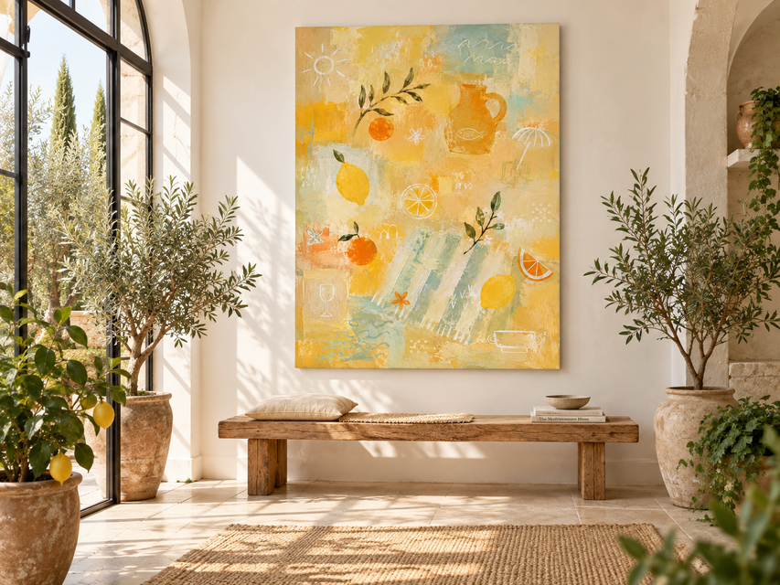 Hand-Painted Citrus Abstract Art With Lemon And Orange On Yellow Canvas