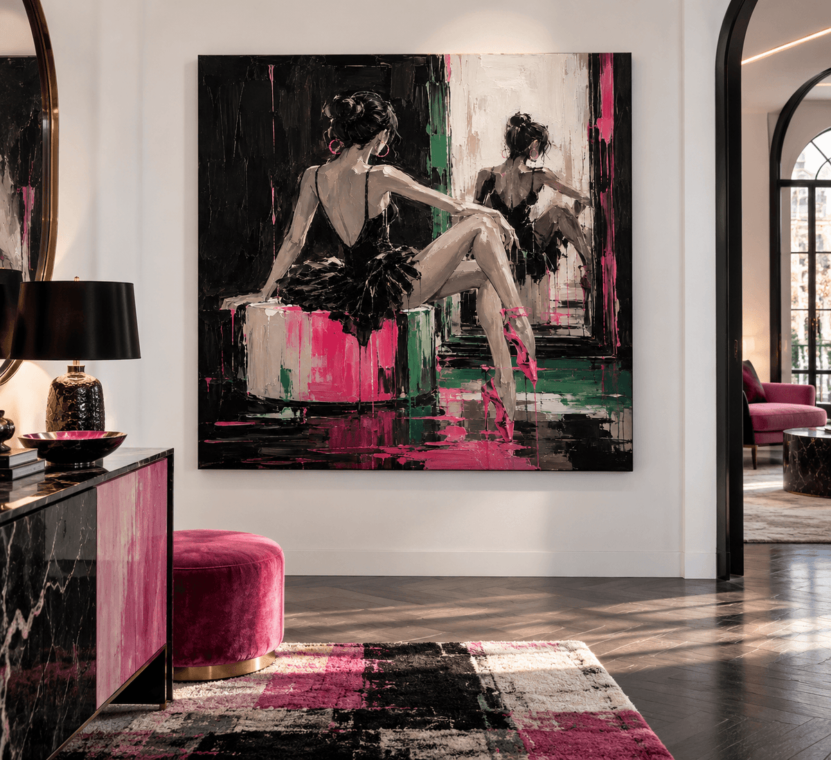 Ballerina In Black And Pink Hand-Painted Canvas Art For Modern Walls Abstract Art With Gothic Elegance