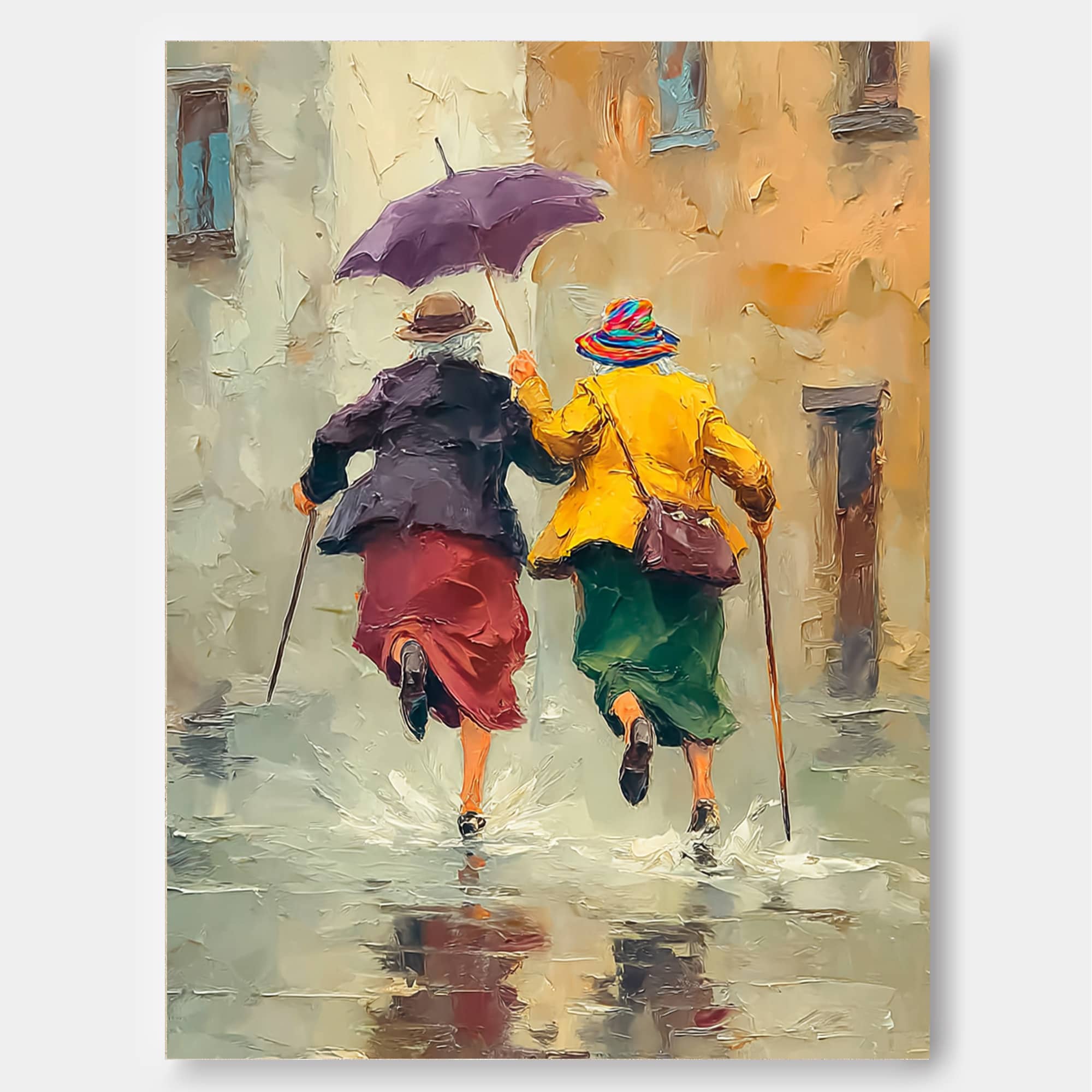 Impressionist Oil Painting Of Two Women Running In Rain With Umbrella For Living Room Wall Art Decor
